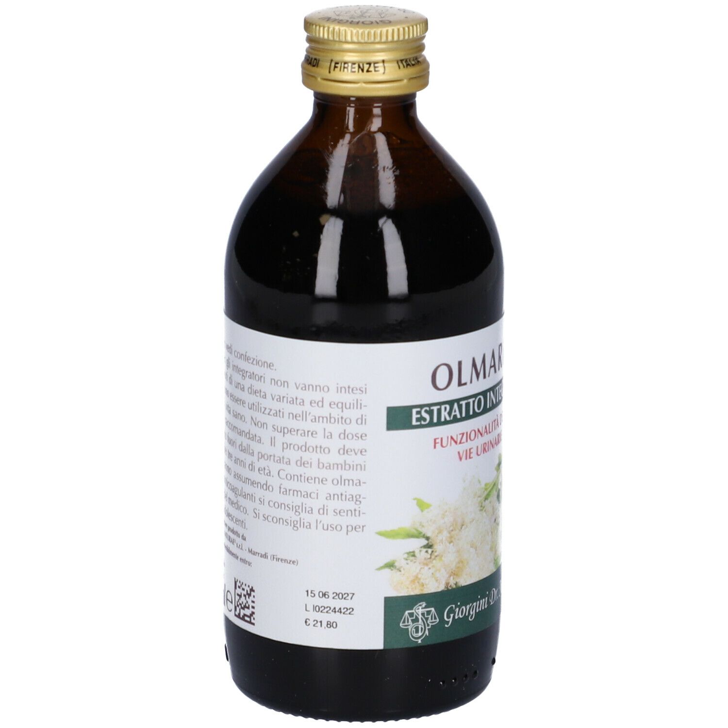 Bottiglia di vetro marrone con tappo dorato. Etichetta con testo. Scritta: Olmaria Estratto Integrale. Marchio: Giorgini Dr. Martino. 200 ml.