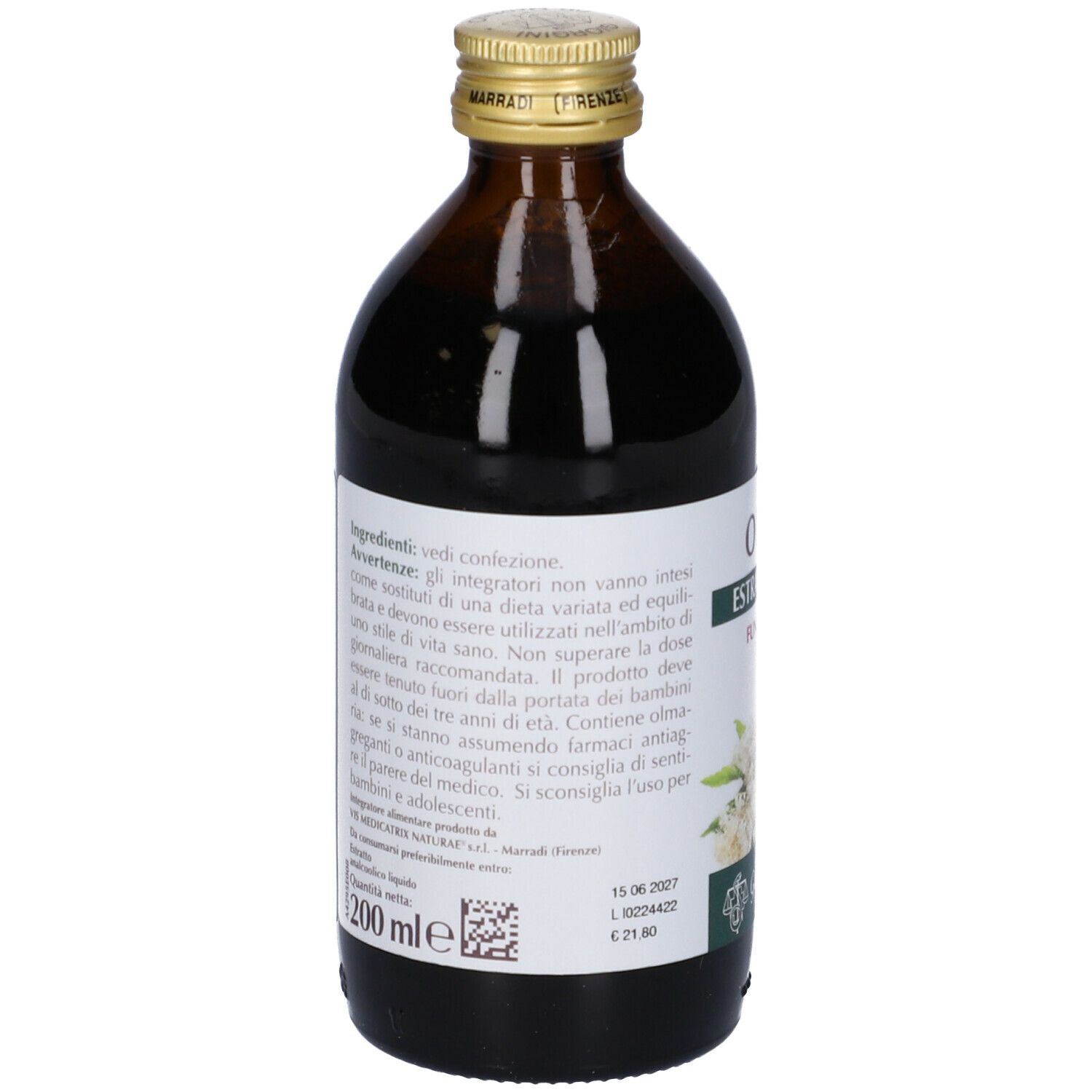 Bottiglia di vetro marrone con tappo dorato. Etichetta con testo. Scritta: Olmaria Estratto Integrale. Marchio: Giorgini Dr. Martino. 200 ml.