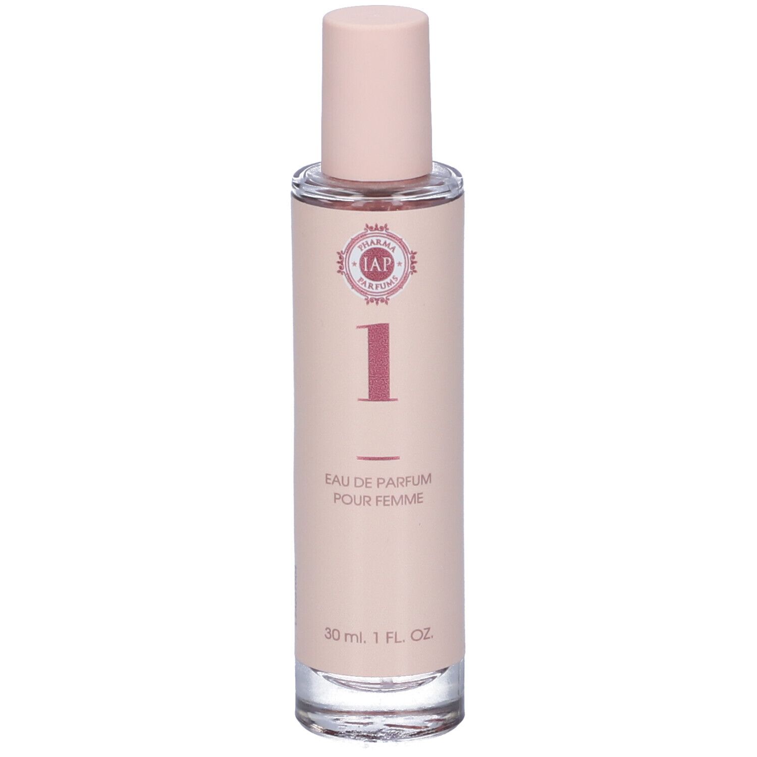 Flacone di profumo con tappo rosa. Etichetta rosa con logo, numero 1 e testo. 30 ml.