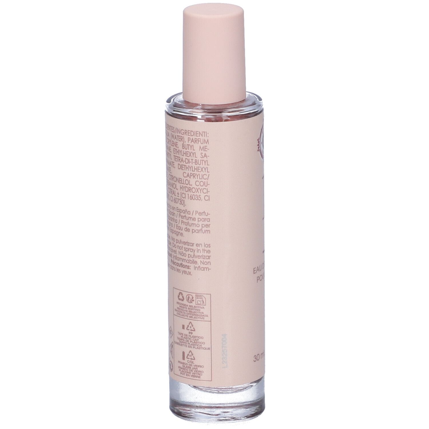 Flacone di profumo con tappo rosa. Retro con ingredienti e testo. 30 ml.