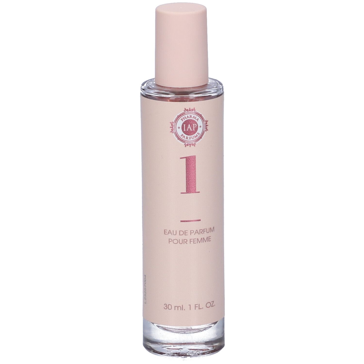 Flacone di profumo con tappo rosa. Etichetta rosa con logo, numero 1 e testo. 30 ml.