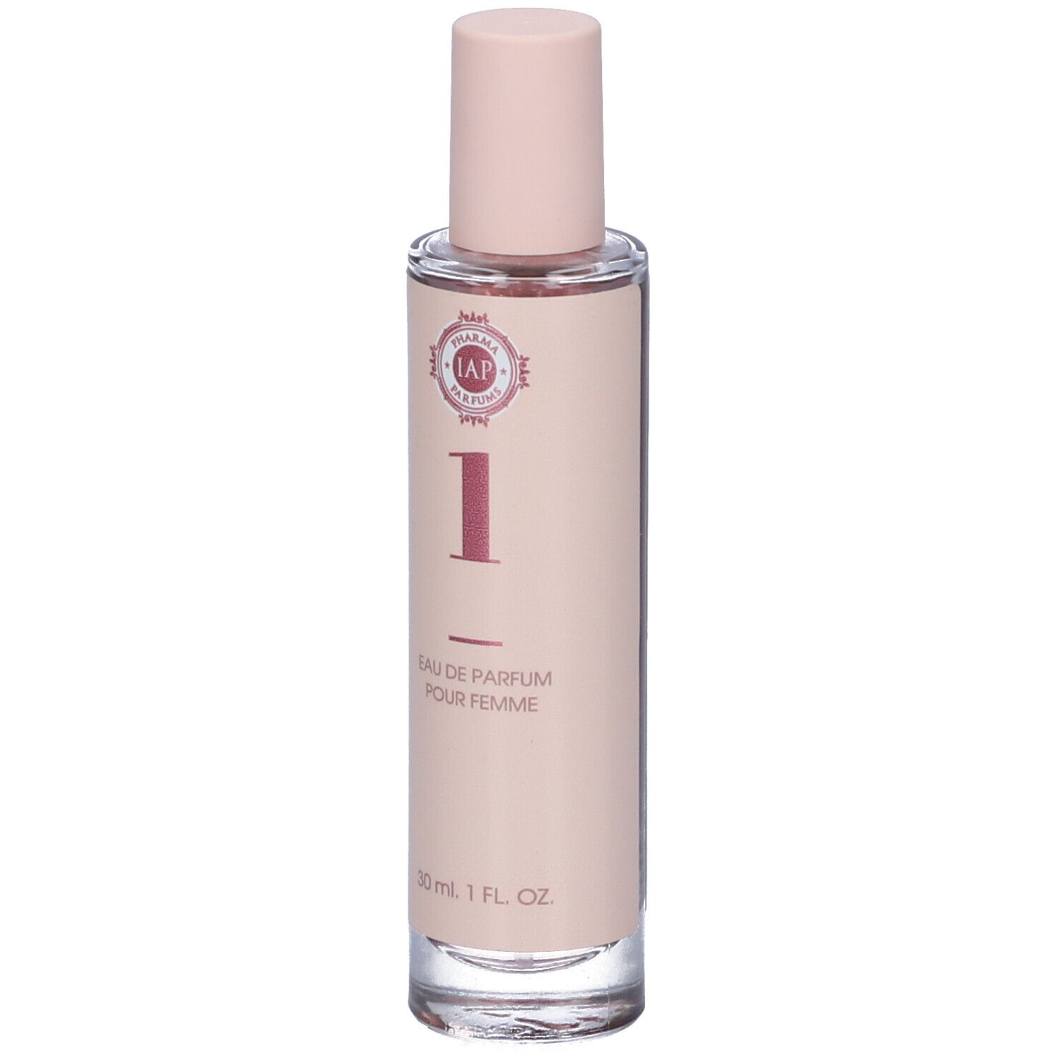 Flacone di profumo con tappo rosa. Etichetta rosa con logo, numero 1 e testo. 30 ml.