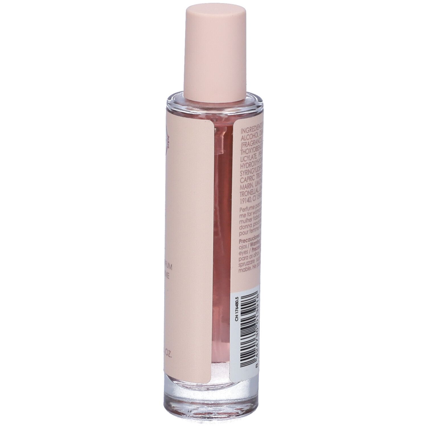 Flacone di profumo con tappo rosa. Retro con ingredienti e testo. Codice a barre.