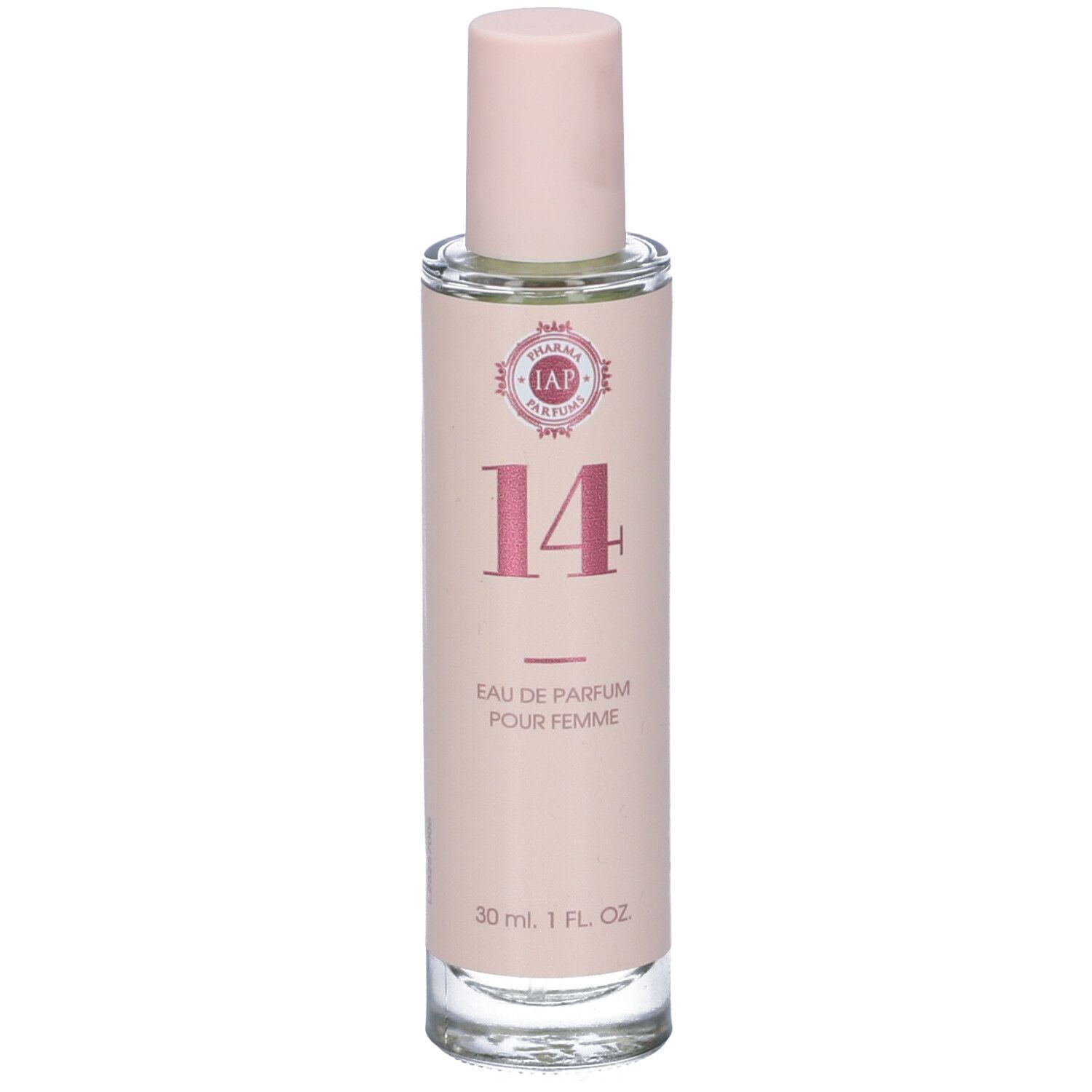 Flacone di profumo con tappo rosa. Etichetta rosa con "IAP Pharma Perfumes 14". "Eau de Parfum Pour Femme".