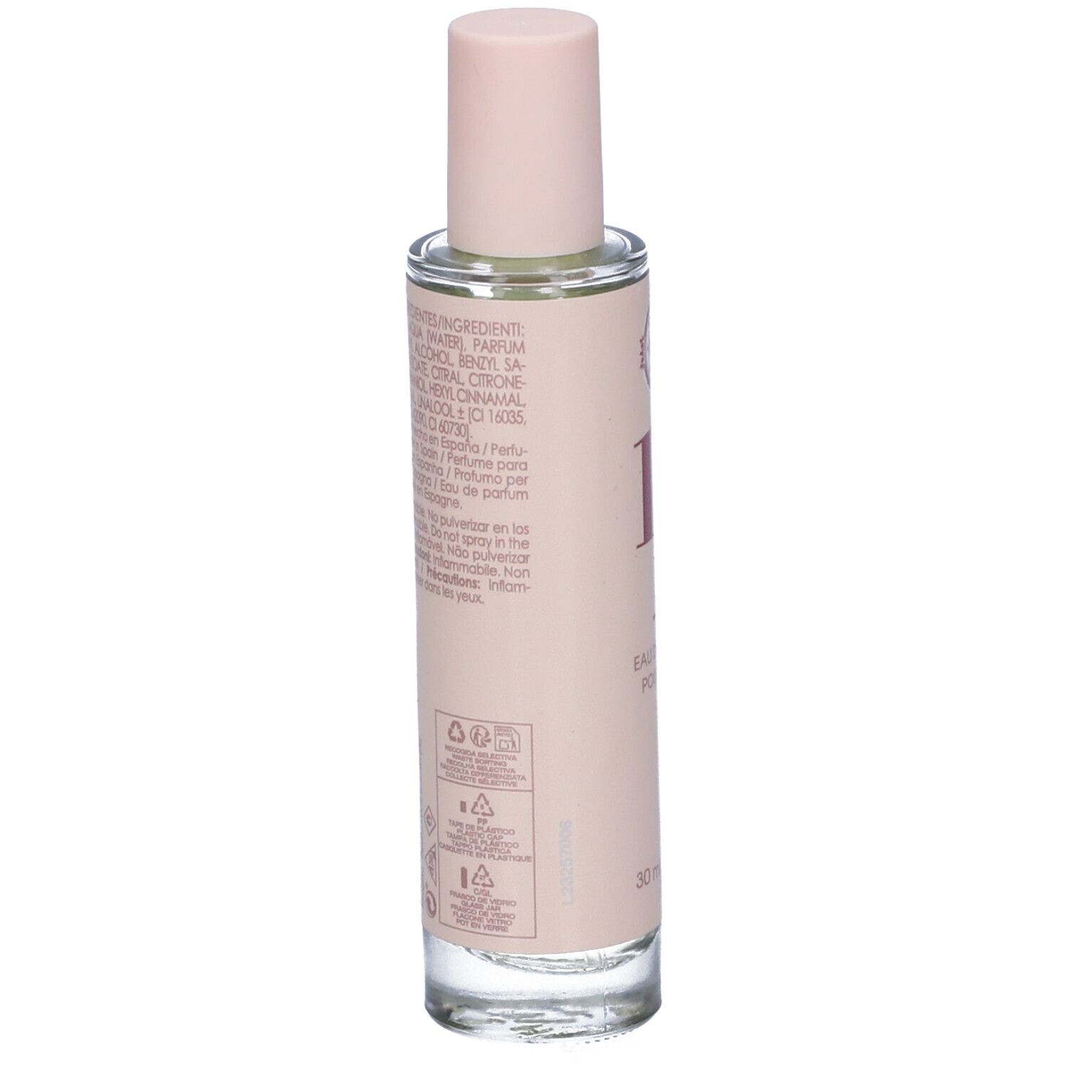 Flacone di profumo, etichetta rosa con ingredienti e avvertenze. "IAP Pharma Perfumes 14".