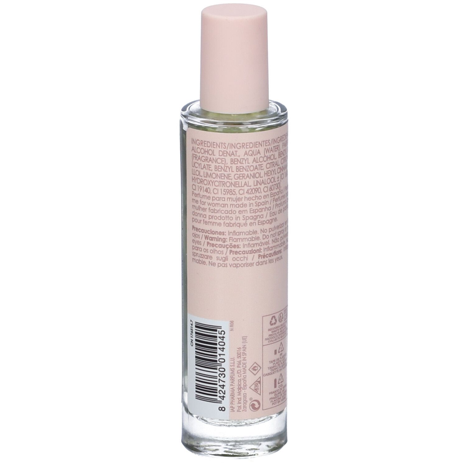 Flacone di profumo, vista posteriore. Etichetta rosa con ingredienti e avvertenze. Codice a barre.