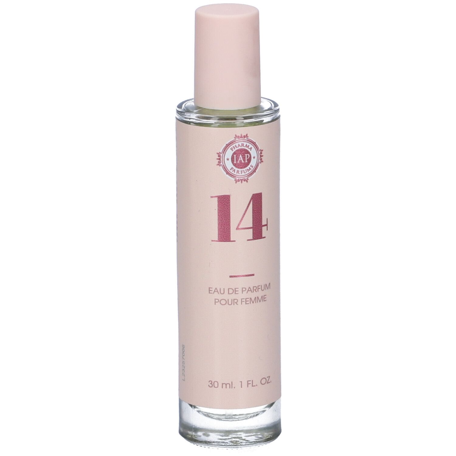 Flacone di profumo con tappo rosa. Etichetta rosa con "IAP Pharma Perfumes 14". "Eau de Parfum Pour Femme".