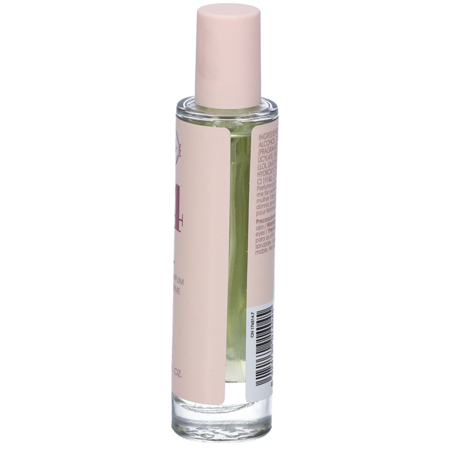 Flacone di profumo, vista laterale. Etichetta rosa con ingredienti e avvertenze. Codice a barre.