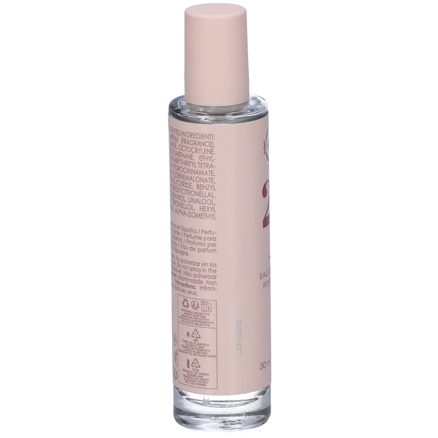 Flacone di profumo con etichetta rosa. Scritta "21" e "Eau de Parfum pour Femme". Tappo rosa.