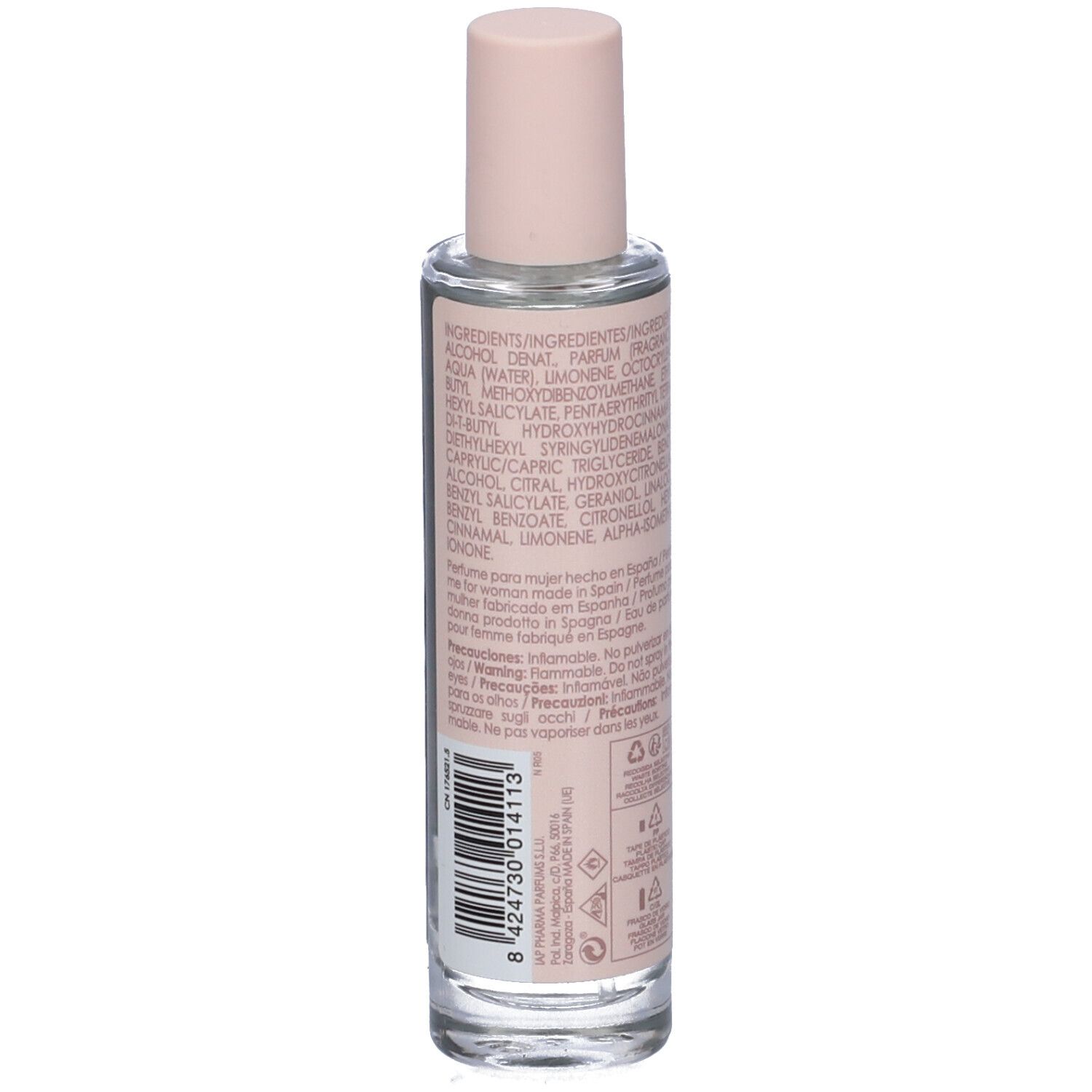 Flacone di profumo con etichetta rosa. Scritta "21" e "Eau de Parfum pour Femme". Tappo rosa.