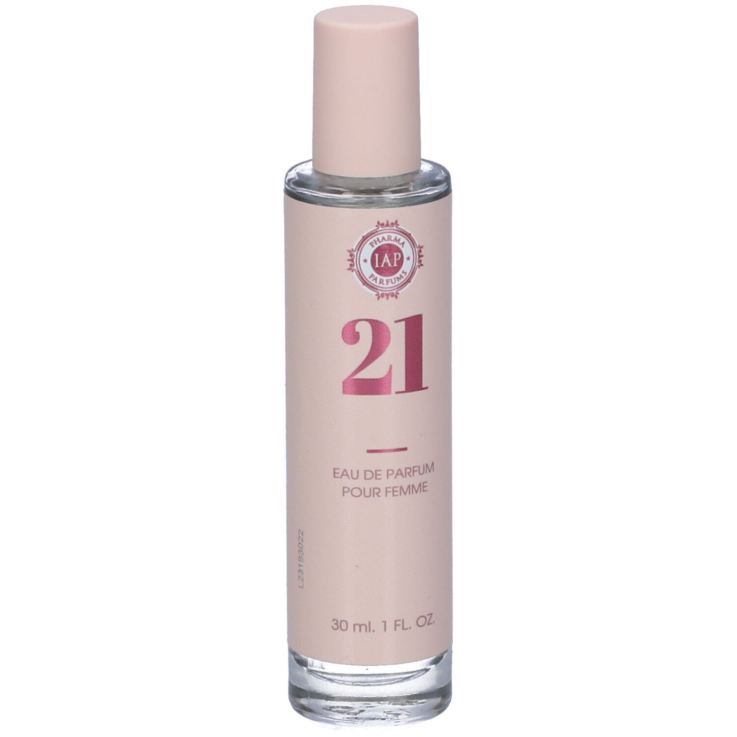 Flacone di profumo con etichetta rosa. Scritta "21" e "Eau de Parfum pour Femme". Tappo rosa.
