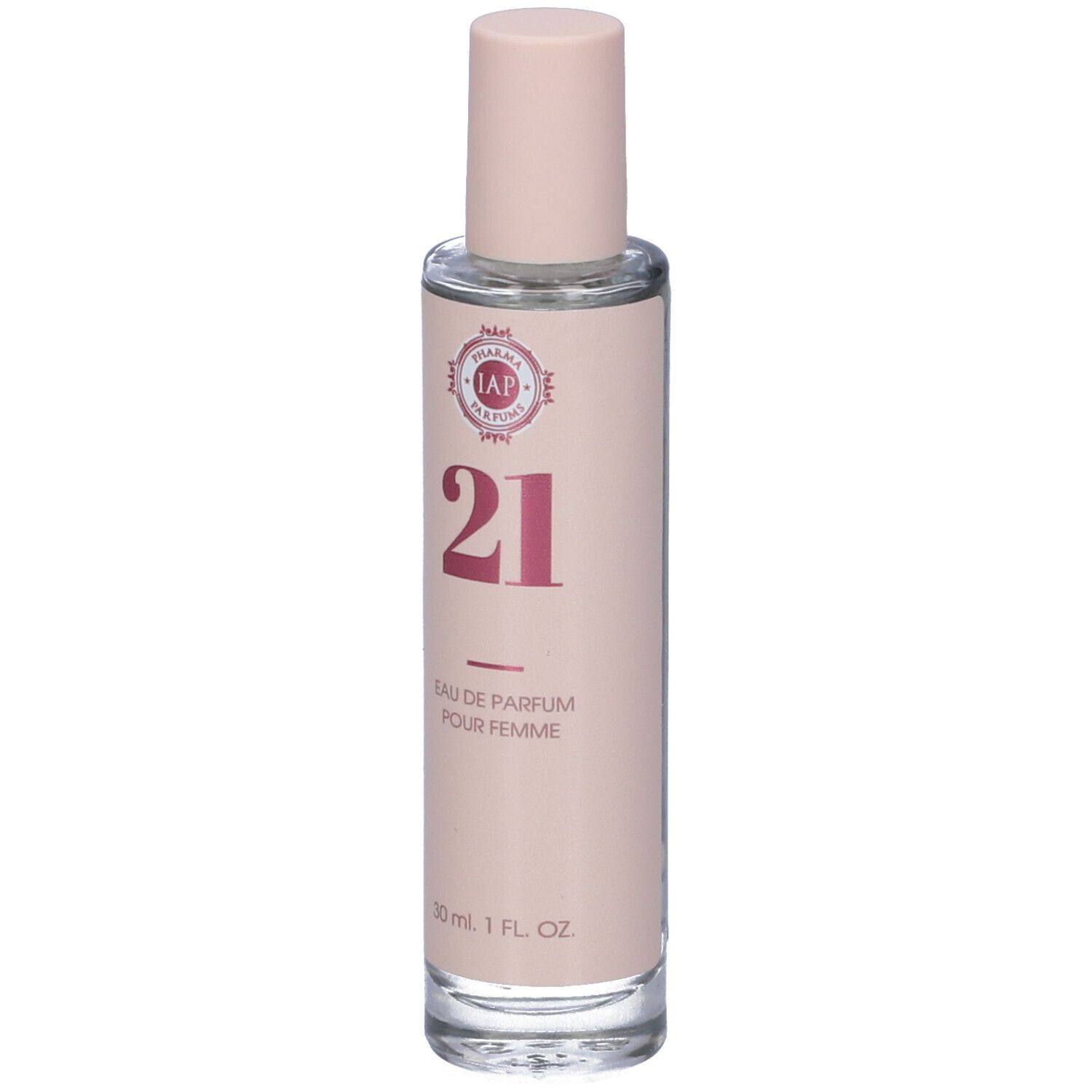 Flacone di profumo con etichetta rosa. Scritta "21" e "Eau de Parfum pour Femme". Tappo rosa.
