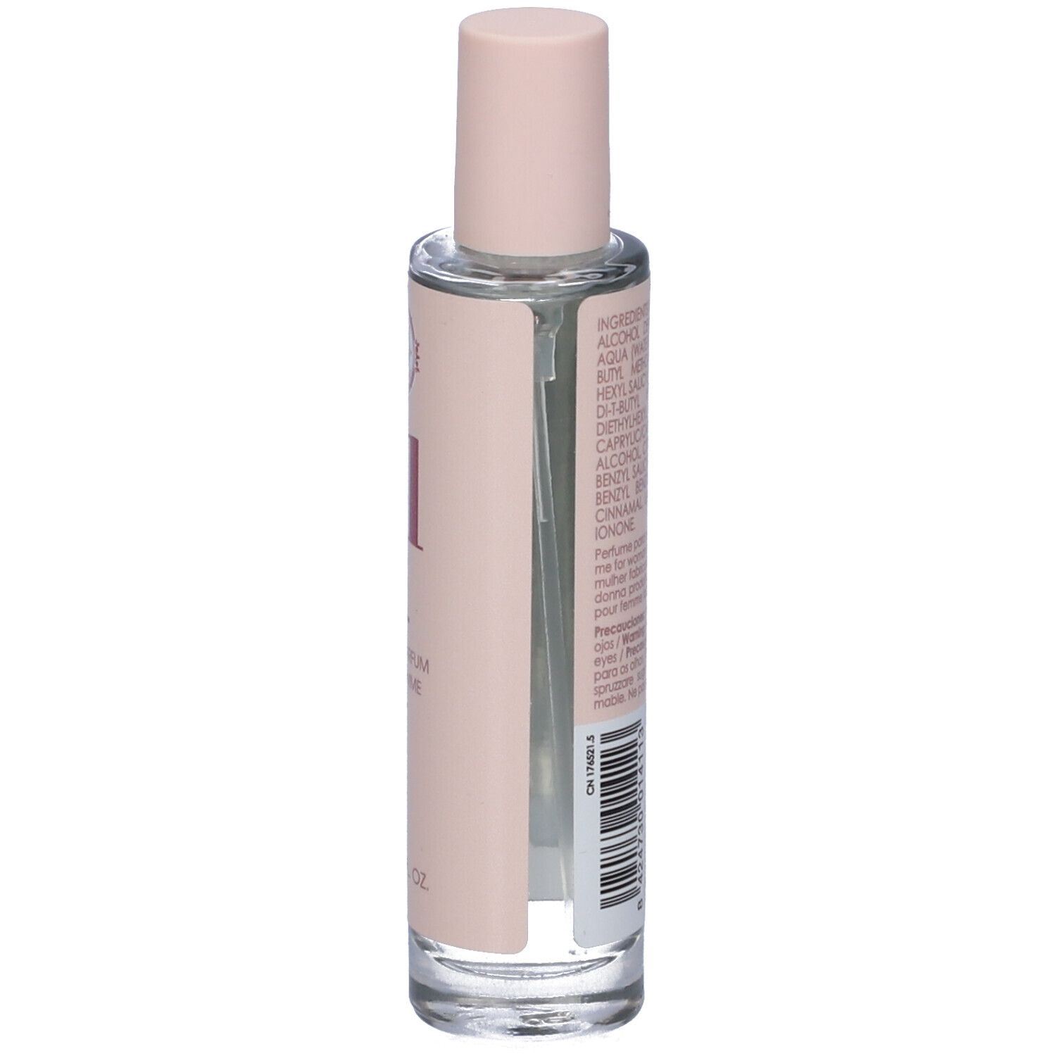 Flacone di profumo con etichetta rosa. Scritta "21" e "Eau de Parfum pour Femme". Tappo rosa.