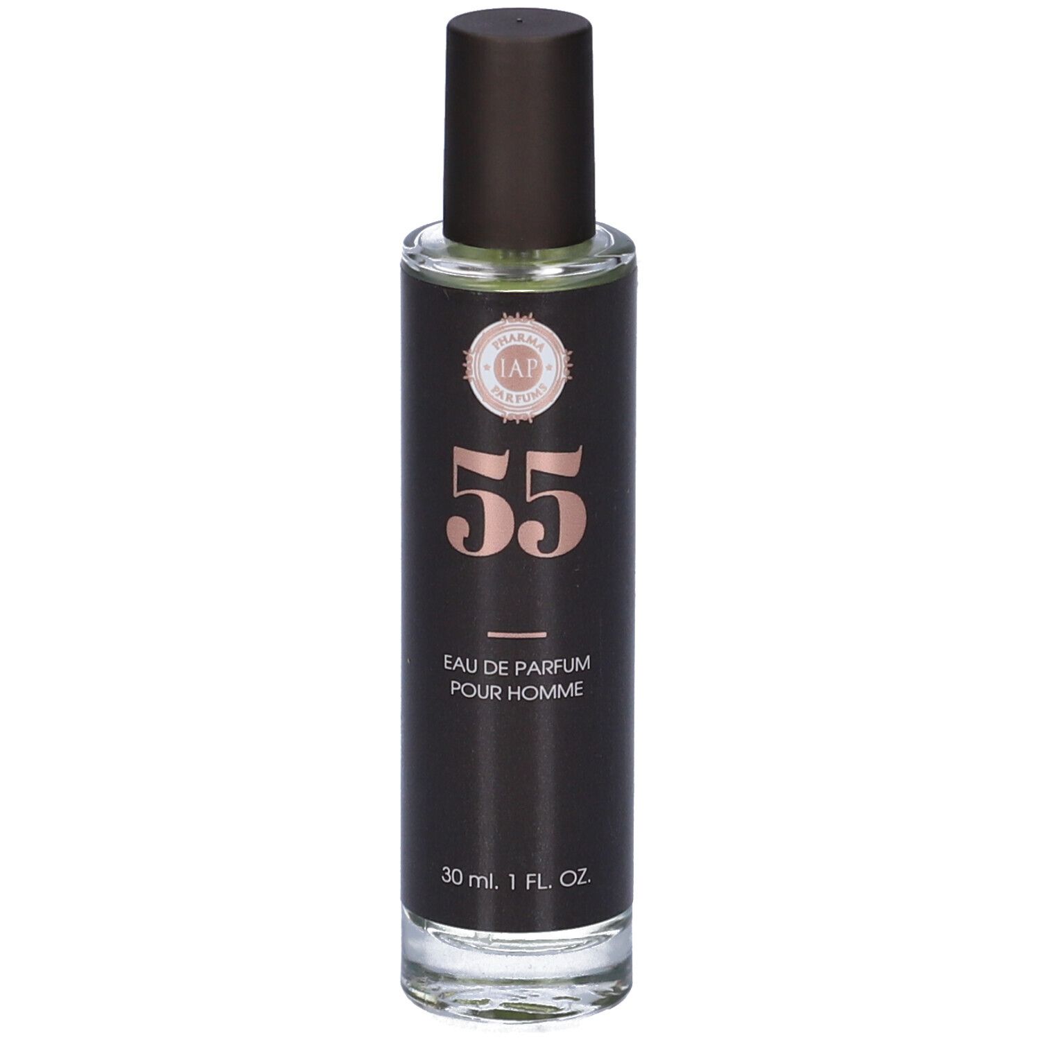 Flacone di profumo con tappo marrone. L'etichetta riporta "55", "EAU DE PARFUM POUR HOMME" e "30 ml. 1 FL. OZ".