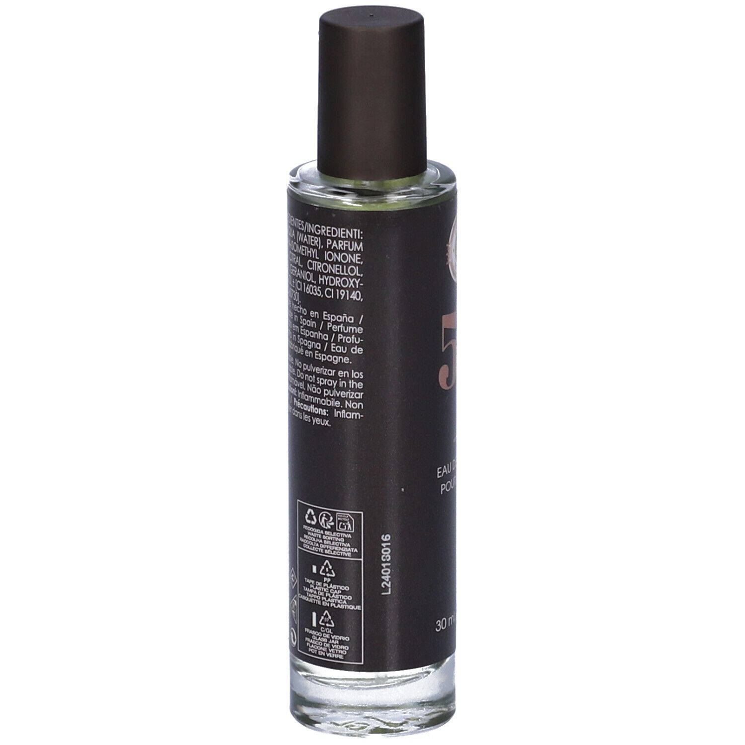 Flacone di profumo con tappo marrone. L'etichetta riporta ingredienti, "55" e "EAU DE PARFUM POUR HOMME".