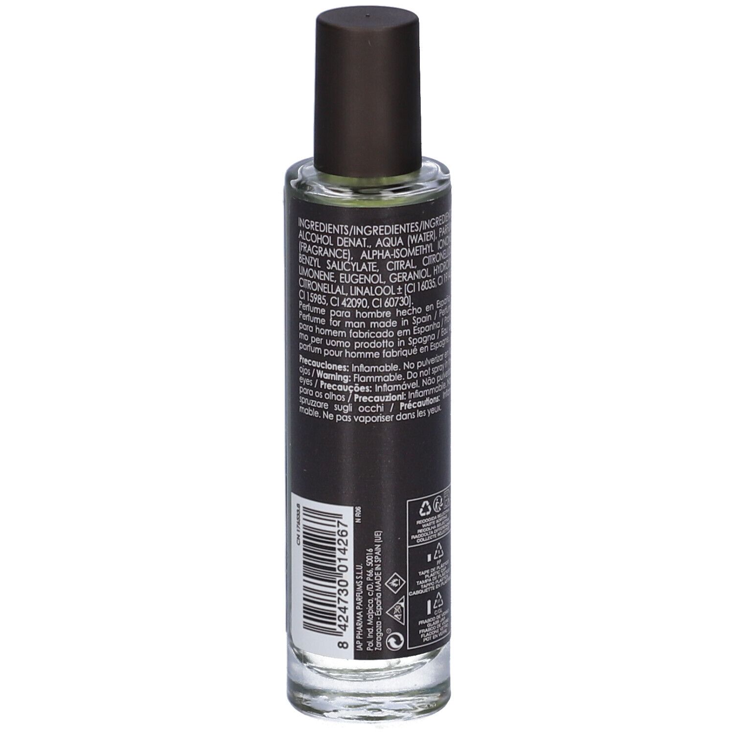 Flacone di profumo con tappo marrone. L'etichetta riporta ingredienti, codice a barre e avvertenze.
