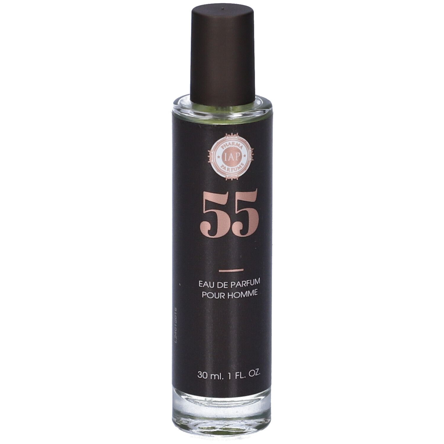 Flacone di profumo con tappo marrone. L'etichetta riporta "55", "EAU DE PARFUM POUR HOMME" e logo.