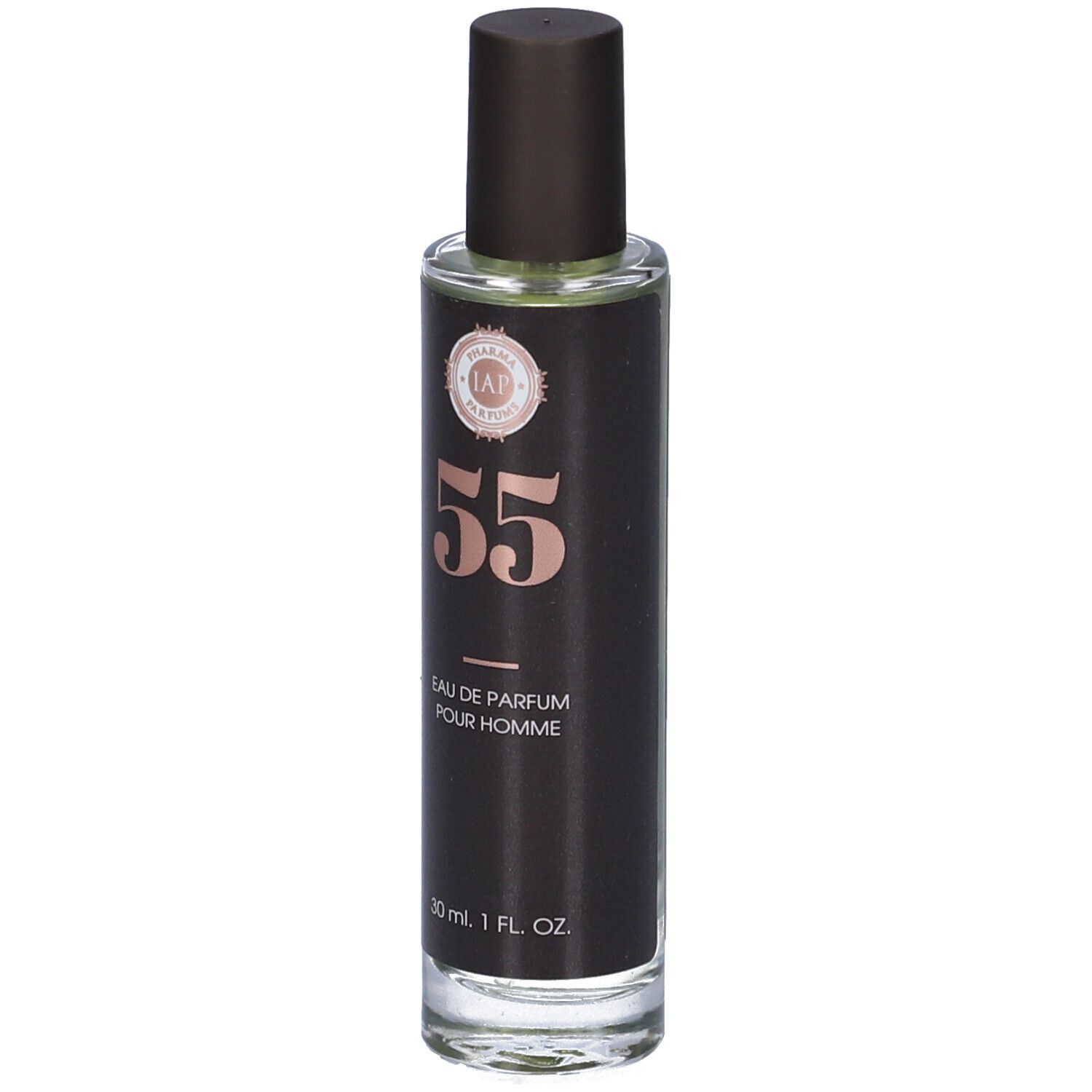 Flacone di profumo con tappo marrone. L'etichetta riporta "55", "EAU DE PARFUM POUR HOMME" e logo.
