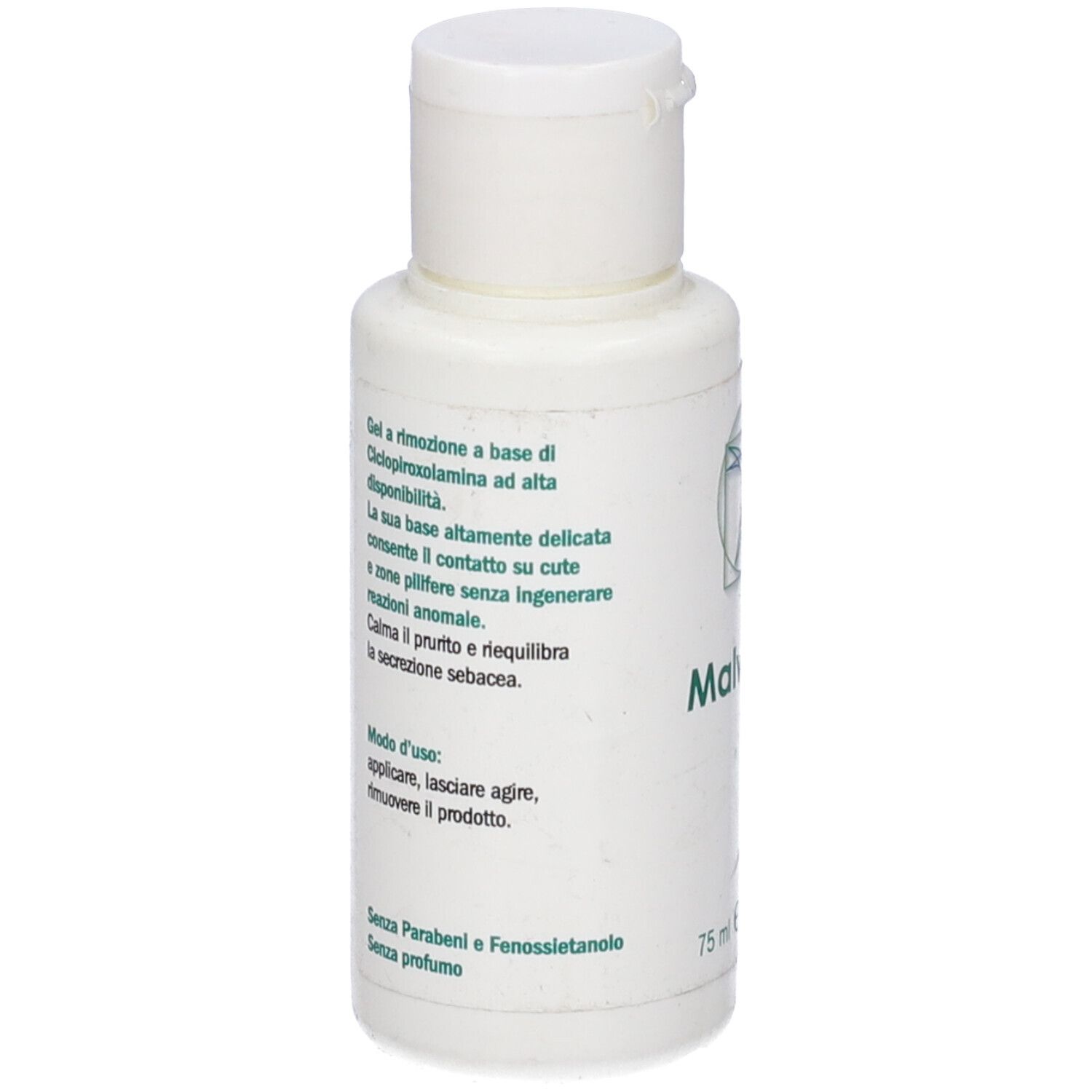 Flacone bianco con tappo bianco. Testo in italiano. Scritta: 75 ml.