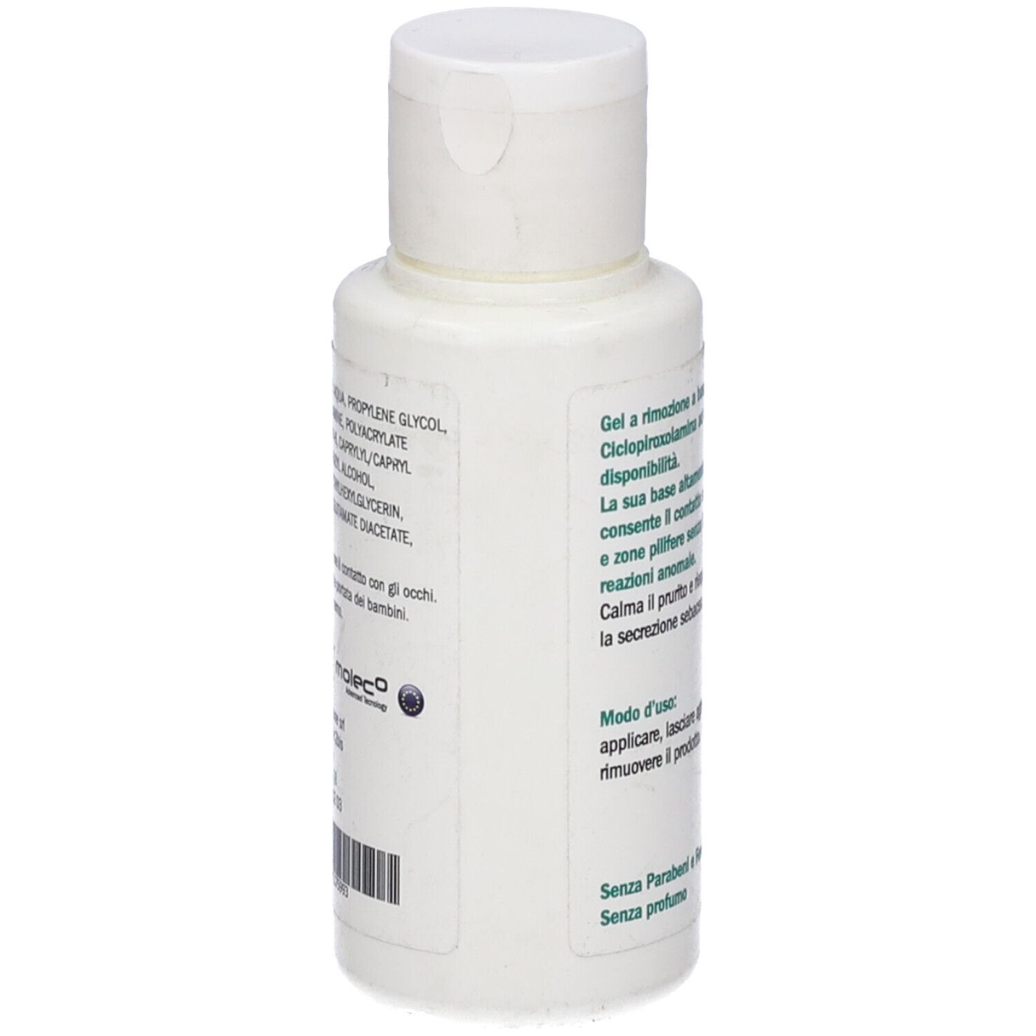 Flacone bianco con tappo bianco. Testo in italiano. Codice a barre.