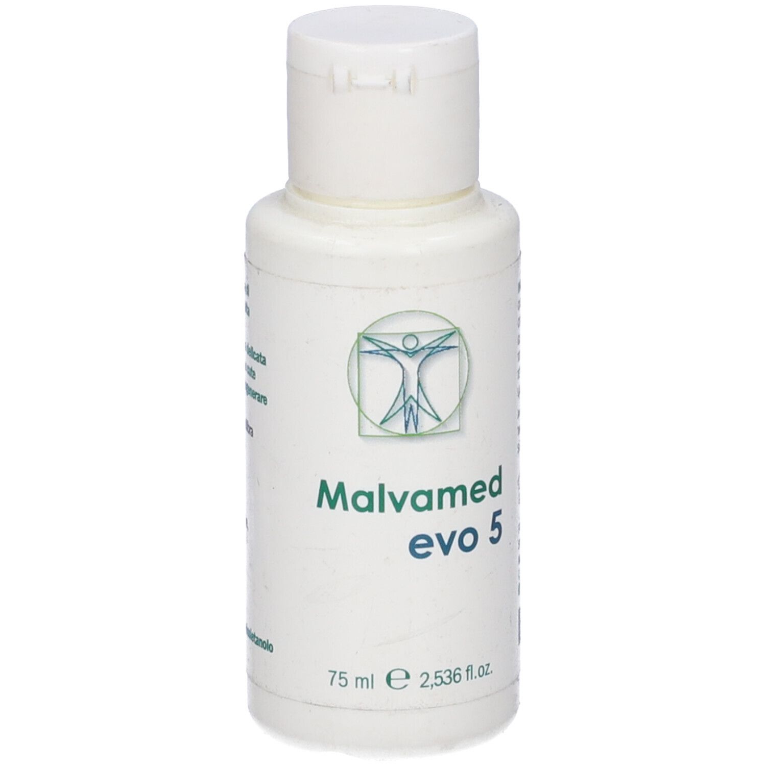 Flacone bianco con tappo bianco. Scritta: Malvamed evo 5, 75 ml. Logo con figura umana.