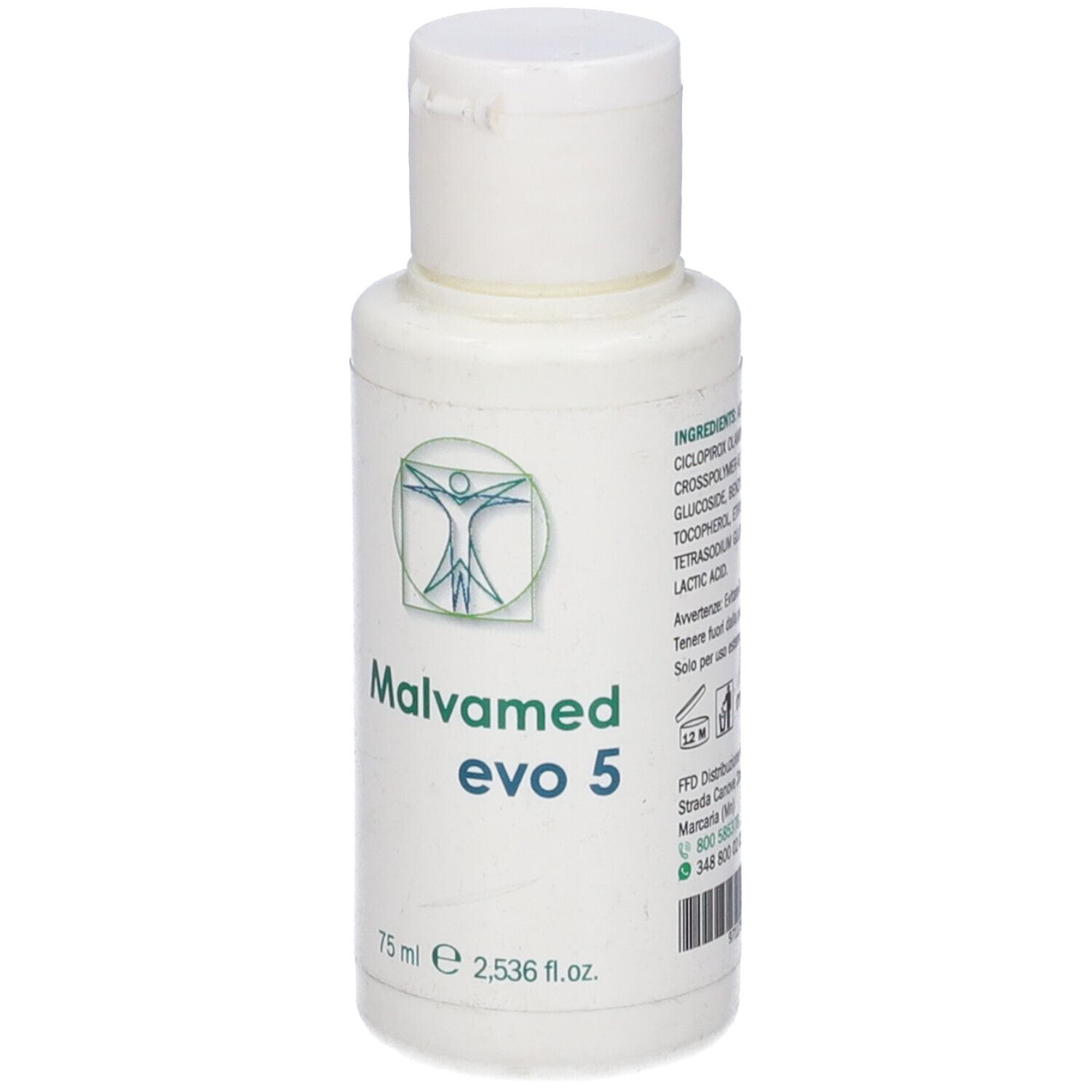 Flacone bianco con tappo bianco. Scritta: Malvamed evo 5, 75 ml. Logo con figura umana. Testo.