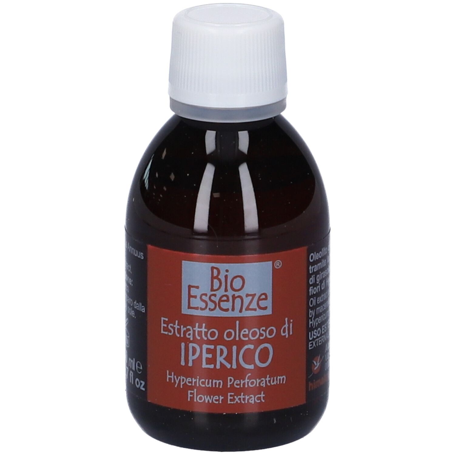 Flacone di vetro marrone con tappo bianco. Scritto: Bio Essenze, Estratto oleoso di IPERICO, Hypericum Perforatum Flower Extract.