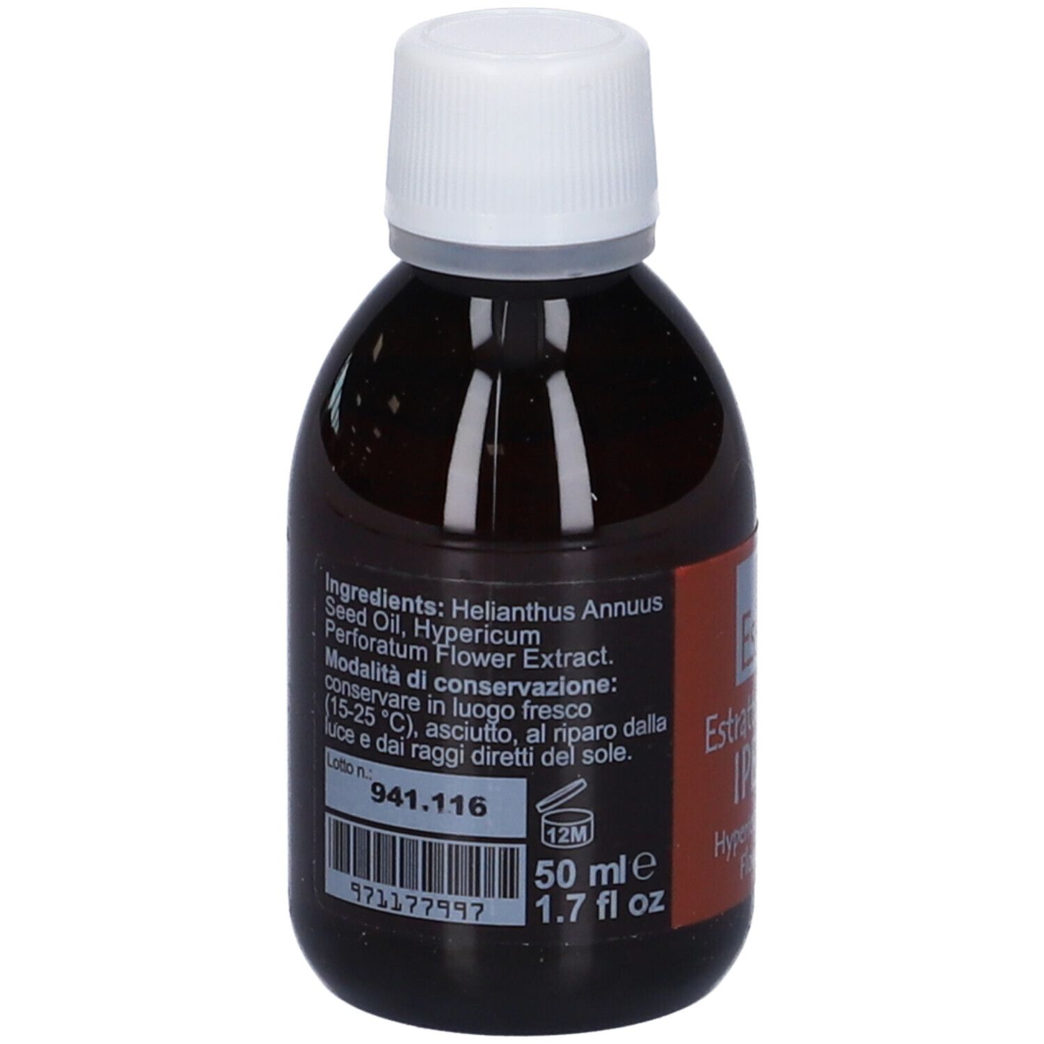 Flacone di vetro marrone con tappo bianco. Scritto: Bio Essenze, Estratto oleoso di IPERICO, Hypericum Perforatum Flower Extract.