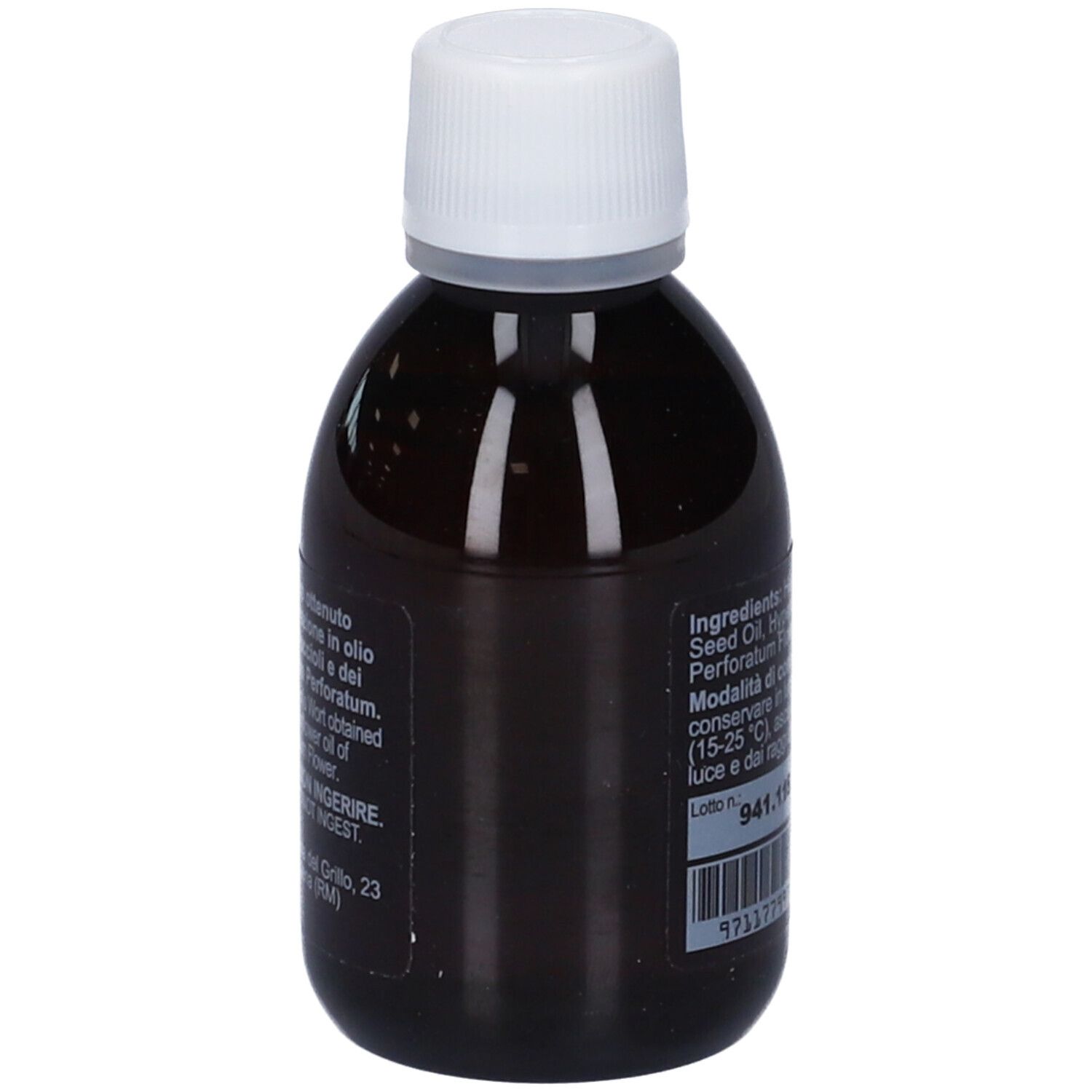 Flacone di vetro marrone con tappo bianco. Scritto: Bio Essenze, Estratto oleoso di IPERICO, Hypericum Perforatum Flower Extract.