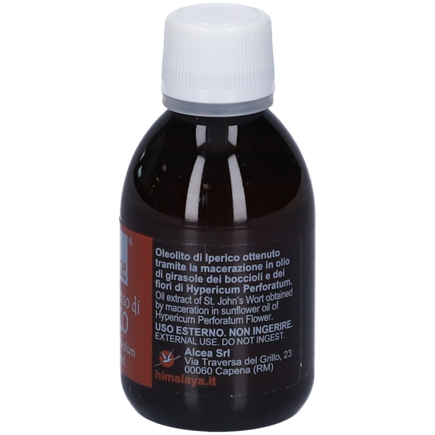 Flacone di vetro marrone con tappo bianco. Scritto: Bio Essenze, Estratto oleoso di IPERICO, Hypericum Perforatum Flower Extract.