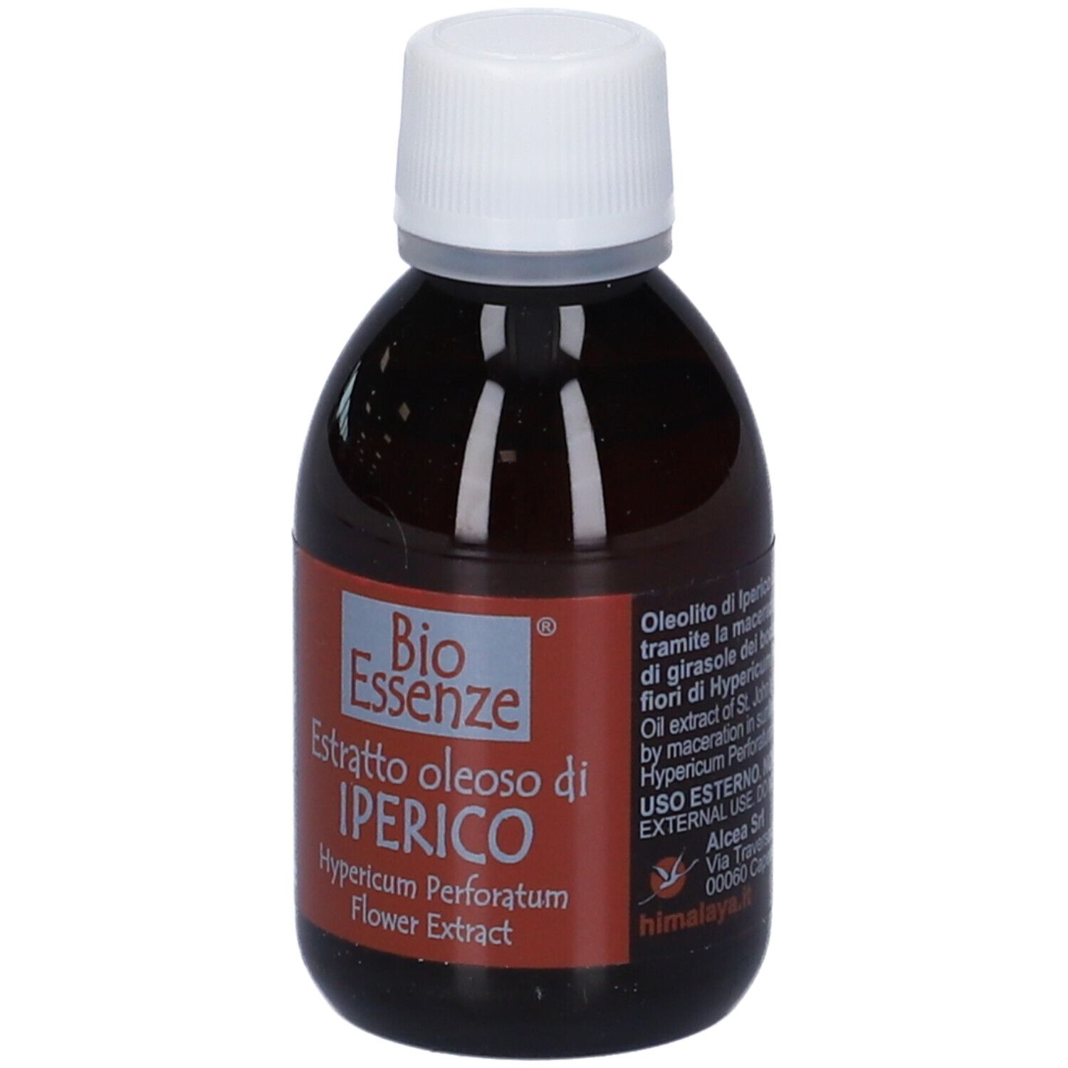 Flacone di vetro marrone con tappo bianco. Scritto: Bio Essenze, Estratto oleoso di IPERICO, Hypericum Perforatum Flower Extract.