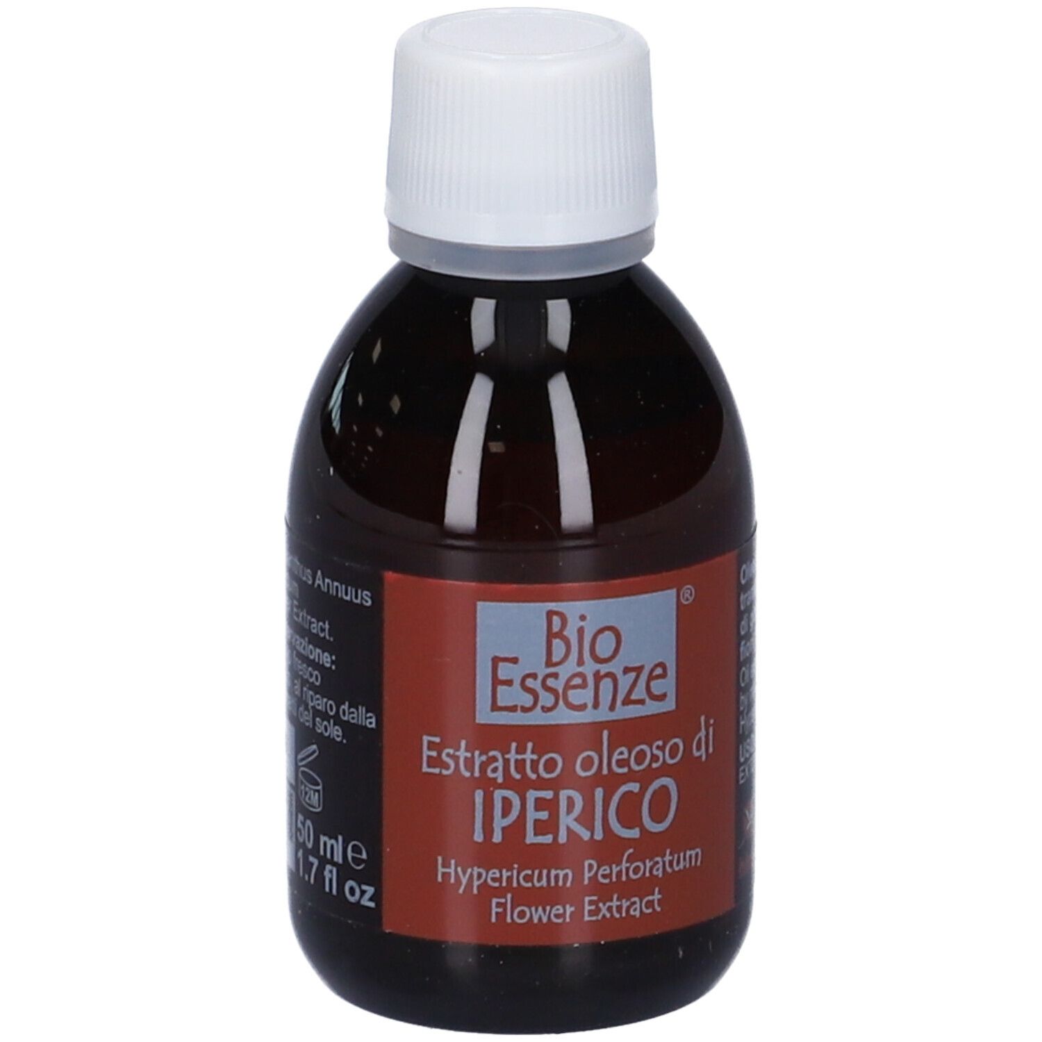 Flacone di vetro marrone con tappo bianco. Scritto: Bio Essenze, Estratto oleoso di IPERICO, Hypericum Perforatum Flower Extract.