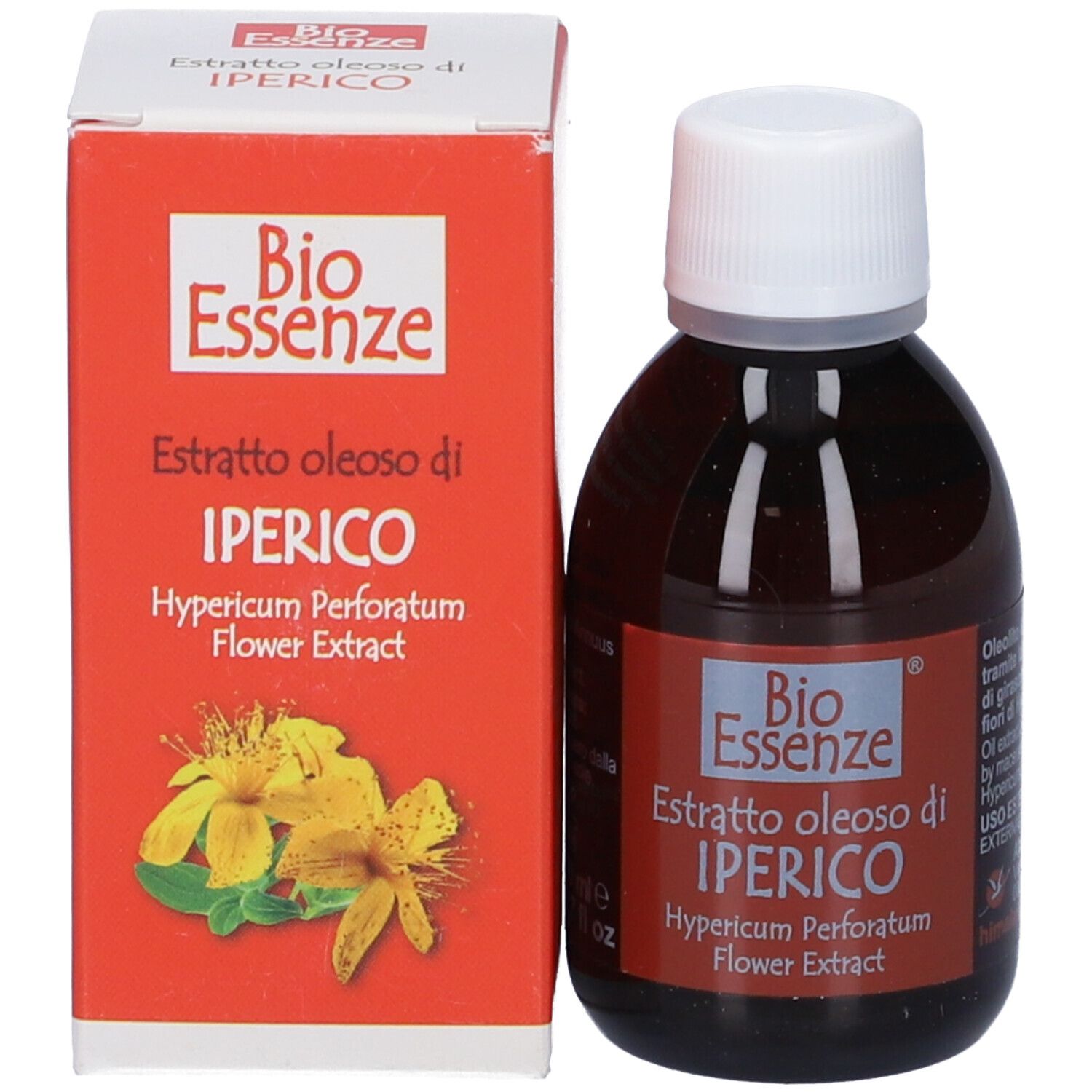 Flacone e scatola marrone. Scritto: Bio Essenze, Estratto oleoso di IPERICO, Hypericum Perforatum Flower Extract.