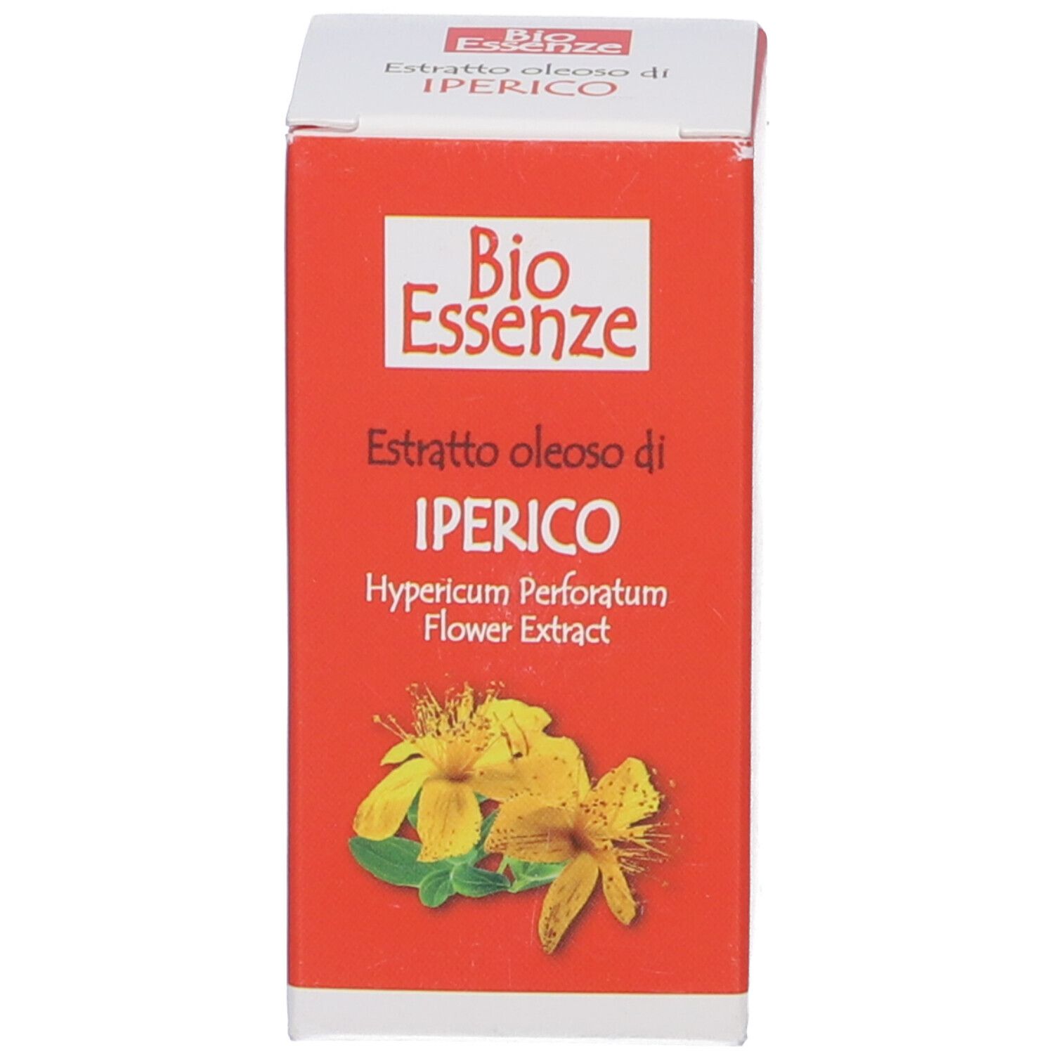 Scatola rossa. Scritto: Bio Essenze, Estratto oleoso di IPERICO, Hypericum Perforatum Flower Extract.