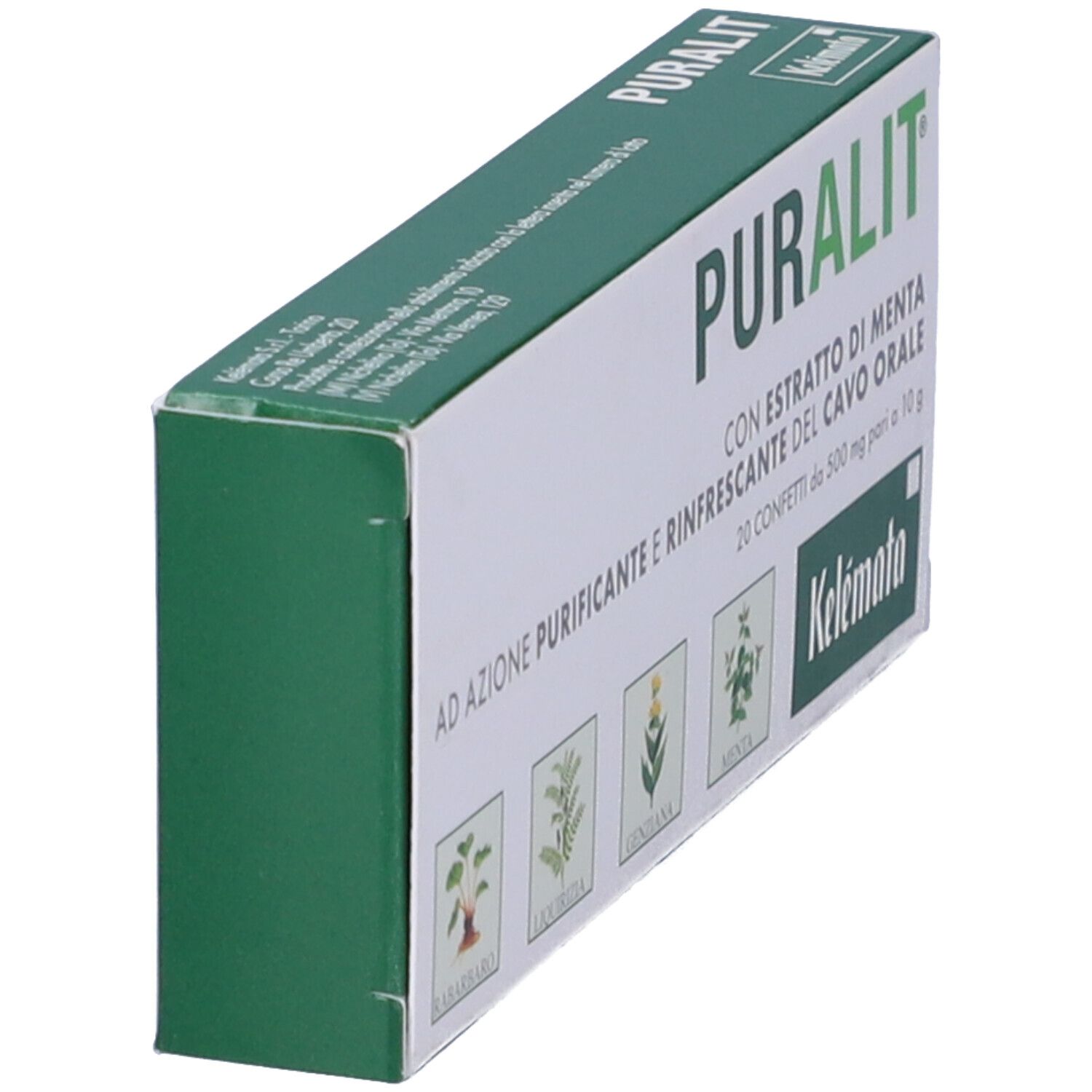 Scatola Puralit, verde e bianca. Scritta e logo. Vista laterale.