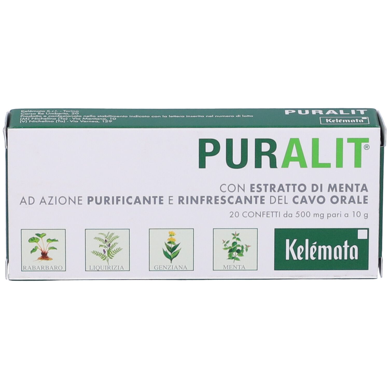Scatola Puralit, fronte. Scritta, immagini erbe, 20 confetti.