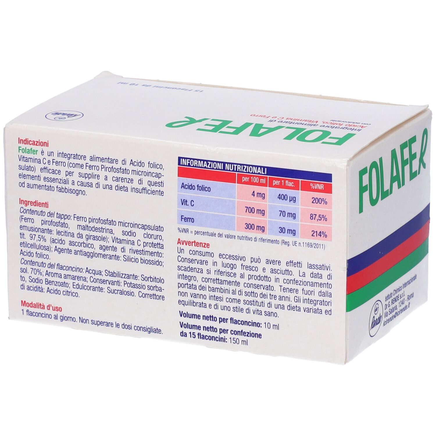 Scatola bianca con testo. Scritta Folafer, informazioni nutrizionali, ingredienti, avvertenze.