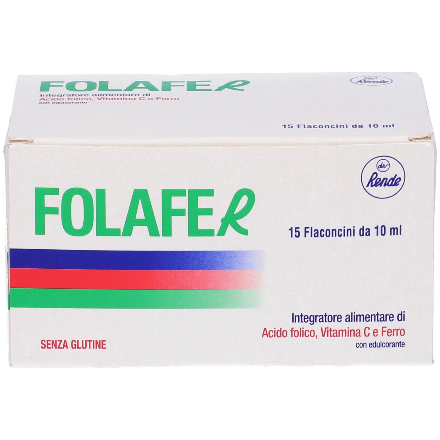 Scatola bianca con strisce verdi, blu e rosse. Scritta Folafer, 15 flaconcini, senza glutine.