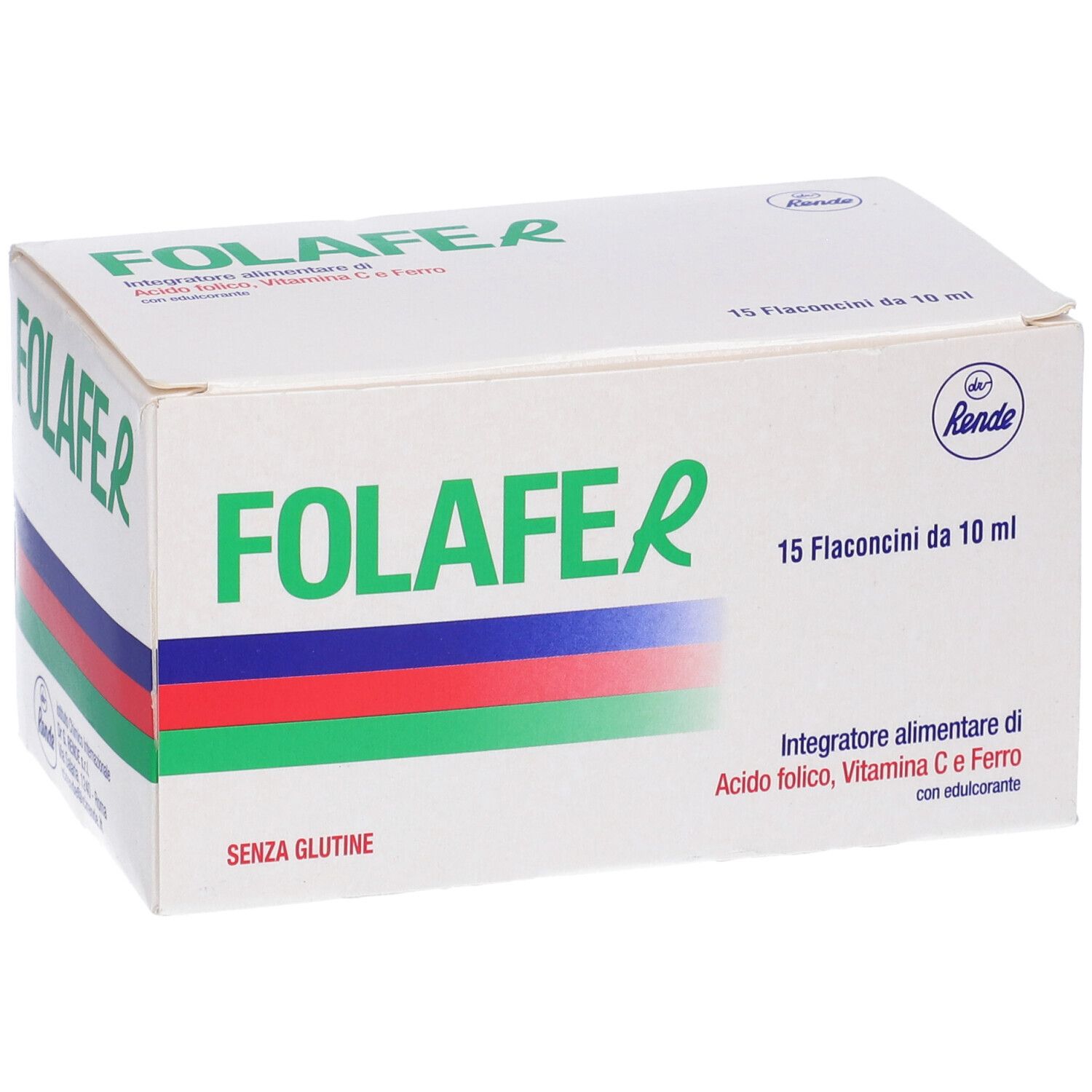 Scatola bianca con strisce verdi, blu e rosse. Scritta Folafer, 15 flaconcini.