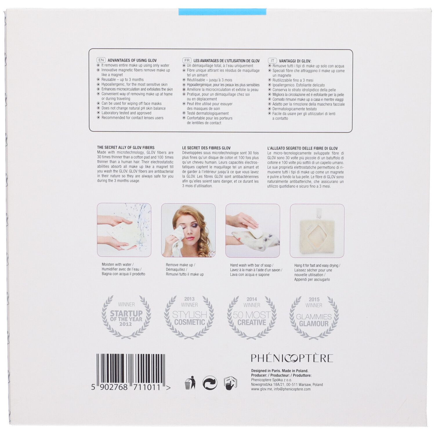 Retro della confezione con testo e illustrazioni. Contiene informazioni sul prodotto e premi.