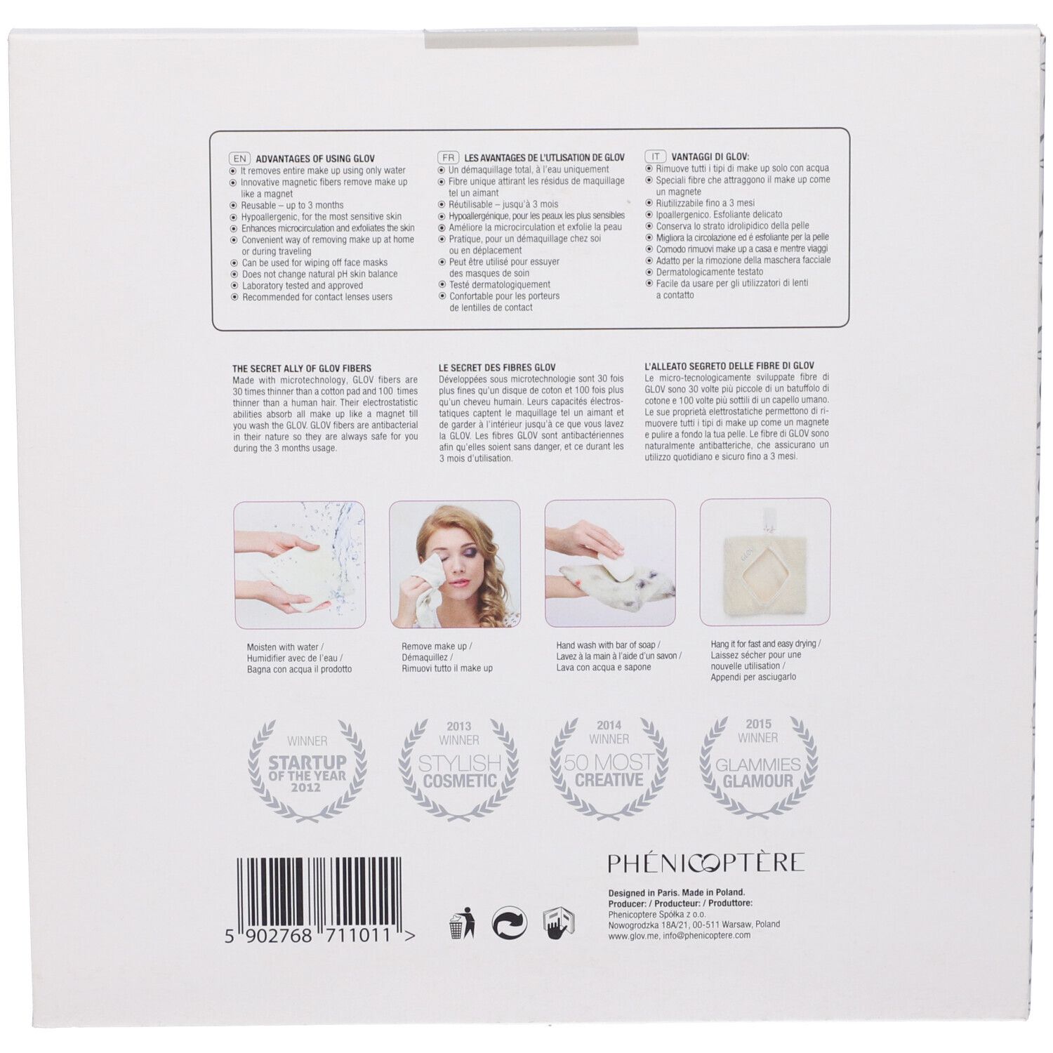 Retro della confezione. Testo in tre lingue. Illustrazioni d'uso. Premi: Startup of the Year, Stylish Cosmetic, 50 Most Creative, Glammer Glamour.
