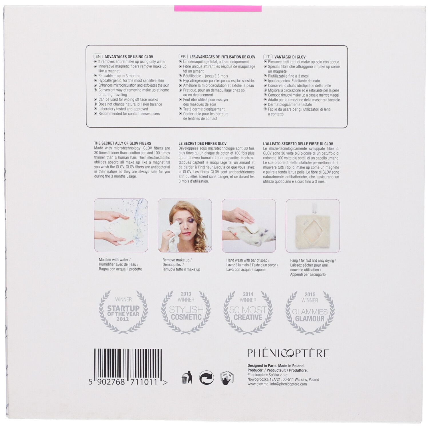 Retro della confezione con testo e illustrazioni. Vantaggi di GLOV. Immagini che mostrano l'uso. Premi: Startup, Stylish Cosmetic, 50 Most Creative.