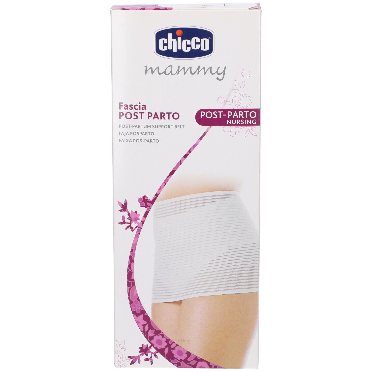 Confezione Chicco Mammy Fascia Post Parto. Fascia bianca. Testo: Post-Parto Nursing. Illustrazione.