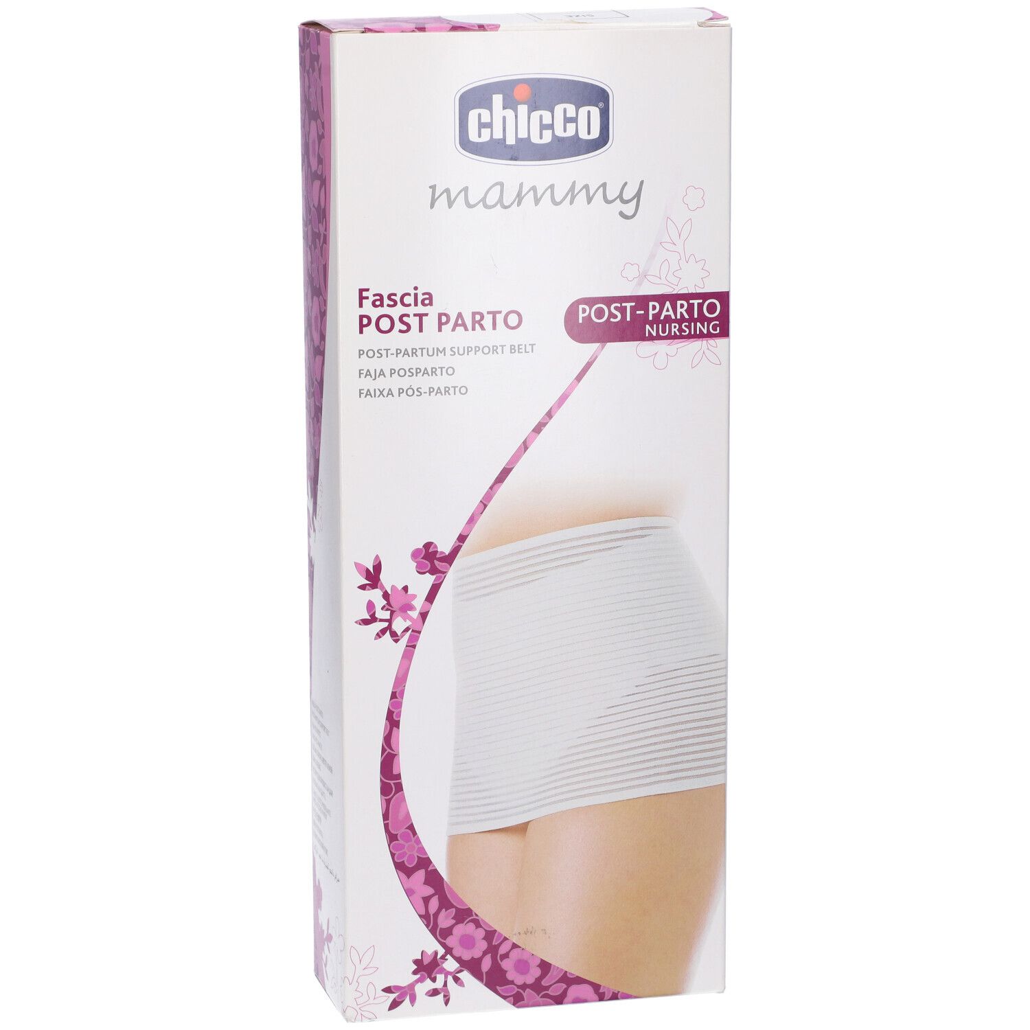 Confezione Chicco Mammy Fascia Post Parto. Fascia bianca. Testo: Post-Parto Nursing. Illustrazione.