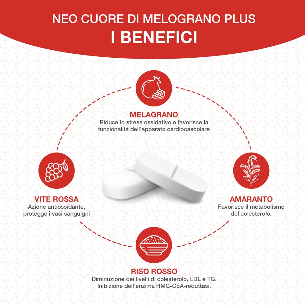 Grafica con melograno, vite rossa, amaranto e riso. Spiega i benefici per cuore e colesterolo.