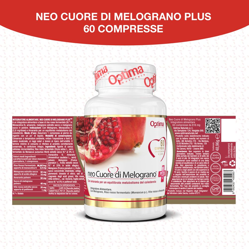 Barattolo Neo Cuore di Melograno Plus davanti a una confezione con motivo melograno.