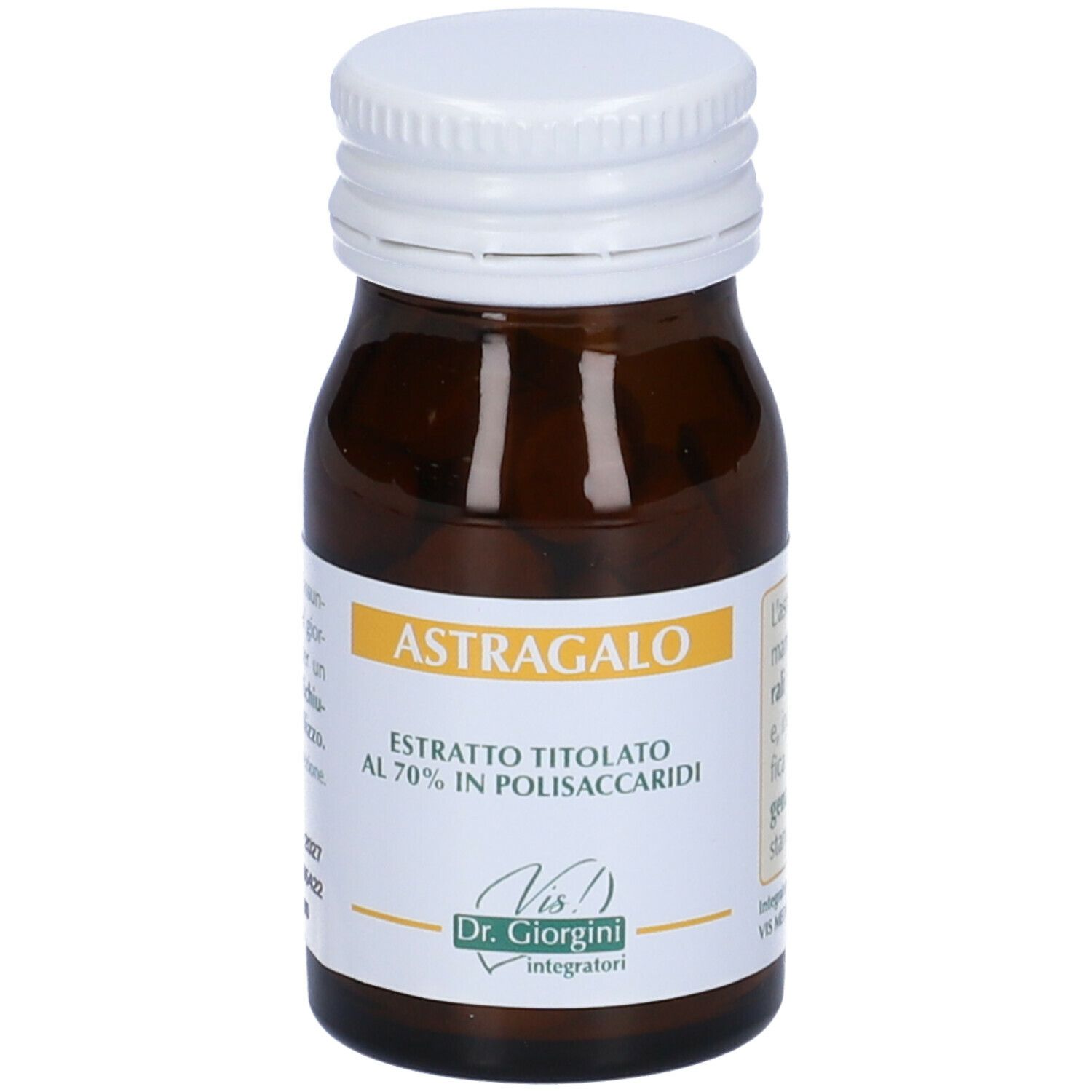 Flacone di vetro marrone con tappo bianco. Scritta: Astragalo, estratto titolato al 70% in polisaccaridi. Marchio: Dr. Giorgini.