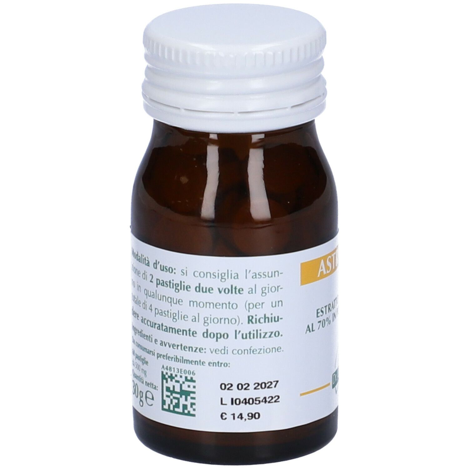 Flacone di vetro marrone con tappo bianco. Scritta: Astragalo, estratto titolato al 70% in polisaccaridi. Informazioni sull'uso.