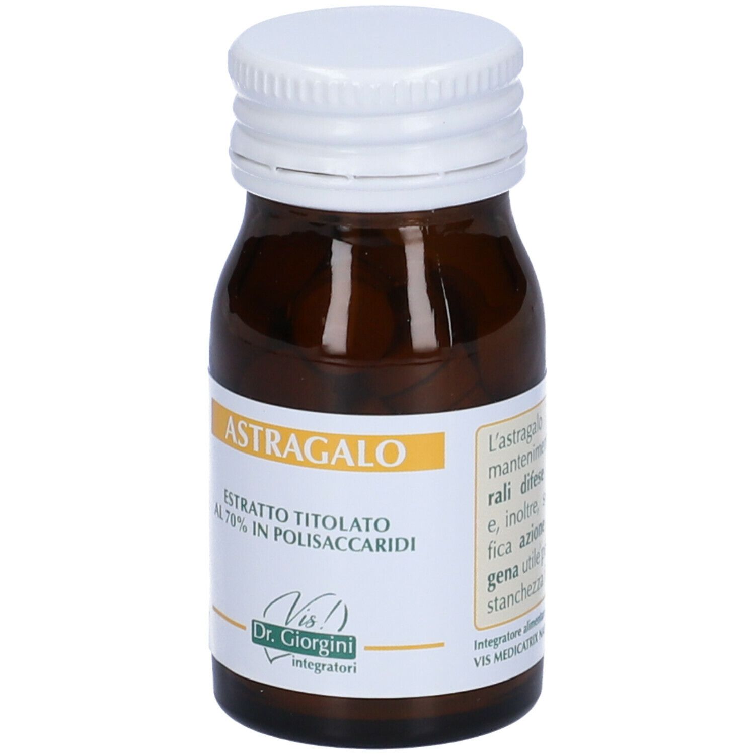 Flacone di vetro marrone con tappo bianco. Scritta: Astragalo, estratto titolato al 70% in polisaccaridi. Informazioni sull'uso.