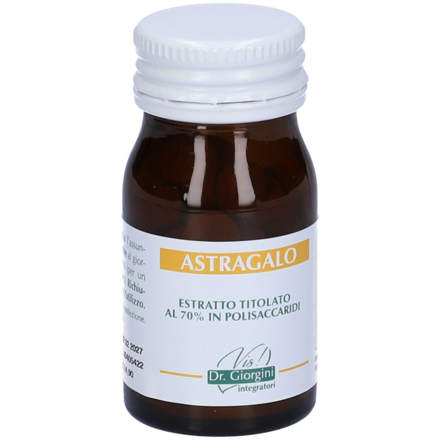 Flacone di vetro marrone con tappo bianco. Scritta: Astragalo, estratto titolato al 70% in polisaccaridi. Informazioni sull'uso.